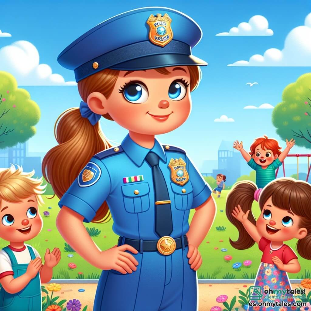 Una policía sonriente, Ana, está en el centro de la imagen, vistiendo un uniforme azul brillante y una gorra. Tiene el cabello castaño recogido en una coleta y una placa brillante en su pecho. Ana está de pie, con las manos en las caderas, con una expresión amigable y confiada, mirando a los niños que juegan a su alrededor. A su derecha, un niño de seis años, con el cabello rubio desordenado y una camiseta roja, levanta la mano para hacer una pregunta, su rostro resplandeciendo de curiosidad. A su izquierda, una niña de cinco años, con dos coletas y un vestido de flores, aplaude con entusiasmo, sus ojos brillando de admiración por Ana. La escena tiene lugar en un parque soleado, con árboles verdes, flores coloridas y niños jugando en columpios y toboganes al fondo. Un cielo azul claro y algunas nubes blancas añaden un toque alegre a la atmósfera. Ana explica a los niños la importancia de la seguridad y la ayuda mutua, mientras los anima a ser héroes en su vida cotidiana. Los niños escuchan atentamente, cautivados por sus palabras, creando un ambiente de camaradería y aprendizaje.