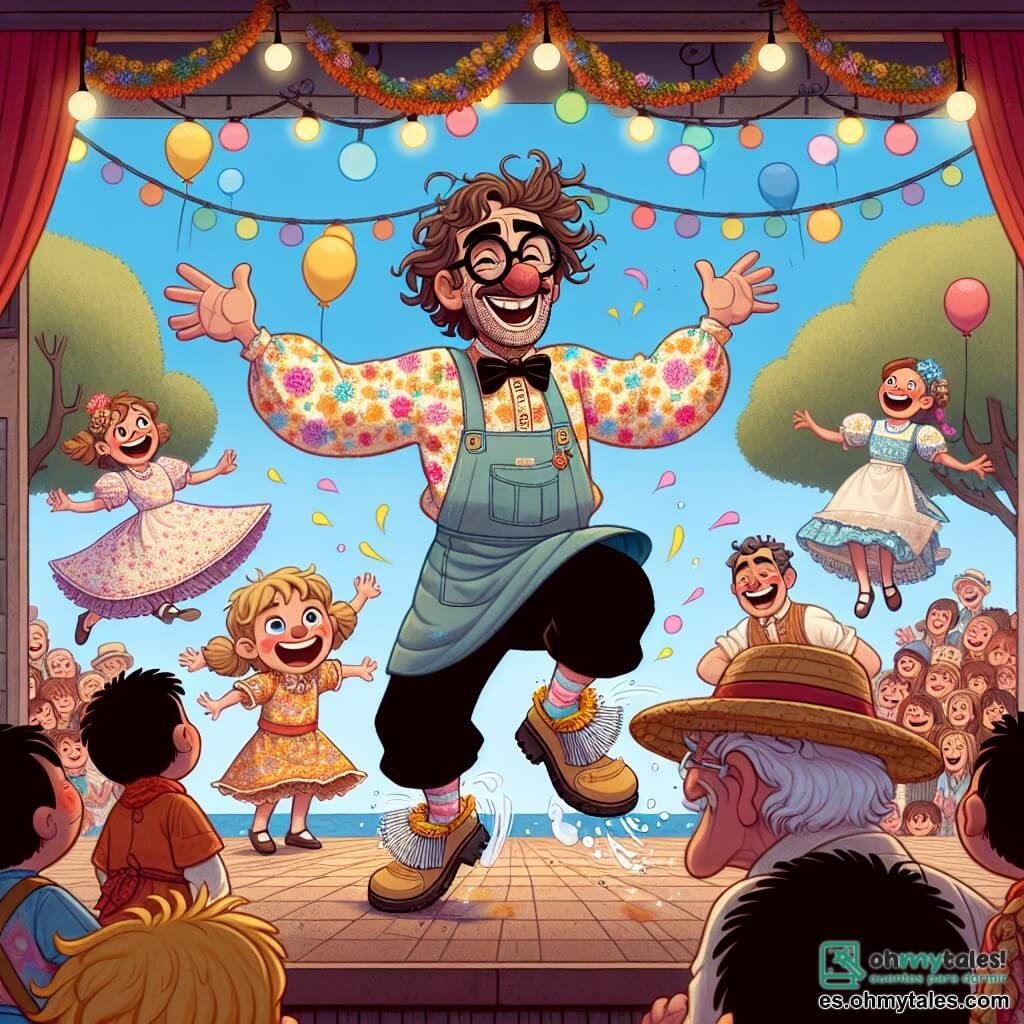 Don Ramón es un hombre de mediana edad con el cabello desordenado como un estropajo, gafas redondas que se deslizan por su nariz y una sonrisa traviesa en su rostro. Está bailando alegremente en el escenario, vestido con una blusa de trabajo colorida, mientras sus "Zapatos Limpiadores 3000" giran a su alrededor, limpiando el suelo con energía. A su lado, una niña de 8 años, con dos coletas y un sombrero de paja, aplaude con asombro. Lleva un vestido de flores y una gran sonrisa, fascinada por el espectáculo. Un anciano, el alcalde del pueblo, observa la escena con una expresión divertida, vestido con un traje tradicional y una bastón, riendo a carcajadas. La escena tiene lugar en un gran escenario al aire libre, decorado con guirnaldas coloridas y rodeado de espectadores alegres. Los árboles de hojas verdes vibran suavemente con el viento y los globos flotan en el cielo azul. La situación principal muestra a Don Ramón atrapado en una danza loca con sus zapatos girando, mientras el público ríe y aplaude, creando una atmósfera festiva y alegre.