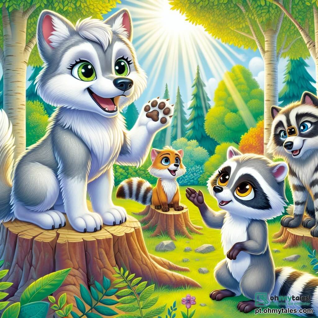 Leo, um pequeno lobo de olhos brilhantes e pelagem cinza macia, está em um tronco de árvore, sorrindo com grande alegria e determinação. Ele fala com um grupo de animais, levantando as patas dianteiras em sinal de encorajamento. Ao seu lado, Luna, uma bela loba de pelagem prateada e olhos dourados, escuta atentamente, demonstrando orgulho e inspiração. Ao fundo, um jovem guaxinim chamado Rico, com pelagem listrada de preto e cinza, exibe curiosidade e entusiasmo, levantando uma pata para fazer uma pergunta. A cena ocorre em uma clareira ensolarada no coração de uma floresta verdejante, onde os raios de sol filtram entre as folhas, criando padrões de luz e sombra no chão, rodeada por flores coloridas e arbustos luxuriantes. Leo compartilha ideias sobre igualdade e a importância da colaboração, enquanto todos os animais escutam com atenção, prontos para aprender e participar dessa bela aventura coletiva.