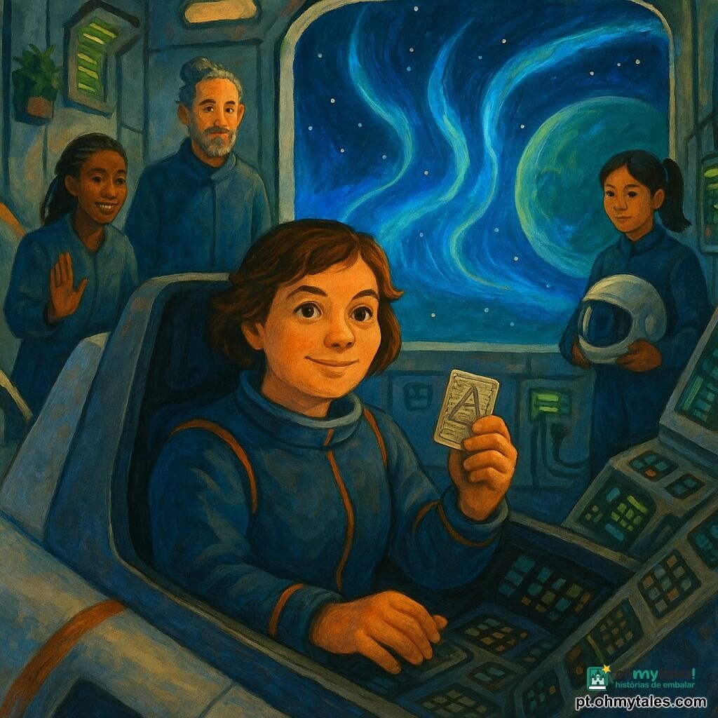 Lia, piloto adulta de rosto redondo e olhos vivos, cabelos curtos castanhos levemente ondulados, expressão determinada e serena, veste macacão espacial azul-escuro com costuras laranja e segura uma pequena placa metálica gravada na mão direita, sentada no cockpit com as mãos no painel; Dr. Ivo, homem de ~45 anos, pele clara, cabelos grisalhos presos num coque solto, expressão benevolente, está diante de uma grande janela da estação observando Lia; Jana, mulher ~30 anos, pele morena, cabelos trançados, sorri e acena desde a rampa de embarque à esquerda; Mei, jovem ~25 anos, asiática, cabelo preso em rabo de cavalo, segura um capacete branco junto ao peito perto de um painel à direita. Interior: bacia de acoplagem de estação espacial iluminada, paredes metálicas cinza com painéis verdes, cabos, telas táteis e plantas em vasos; vista externa: planeta verde escuro Nárion, aurora azul em fitas luminosas e pequenas faíscas azuis como vaga-lumes em órbita. A nave se desprende suavemente; momento de despedida calmo com gestos amigáveis e a placa refletindo luz, atmosfera mágica porém realista. Estilo: pintura acrílica colorida com texturas de pincel, contrastes suaves e paleta dominada por azuis profundos, verdes, cinza metálico e toques de laranja.