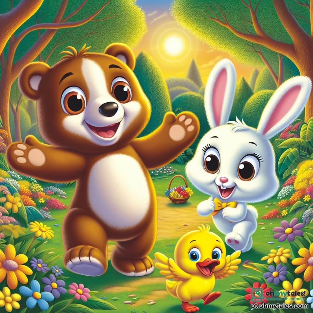 Um adorável urso marrom claro, chamado Beto, com grandes olhos redondos e um sorriso caloroso, está no centro da imagem, irradiando alegria e entusiasmo. Ao seu lado, uma pequena coelha branca de grandes orelhas, Lili, mostra uma expressão de excitação, pulando alegremente com um pequeno cesto de flores coloridas nas patas. Um pato amarelo vivo, Pipo, com um ar travesso, bate as asas rindo, ficando um pouco atrás, pronto para se juntar ao grupo. Ao fundo, uma floresta encantada banhada pela luz dourada do sol poente, com árvores de folhas verdes brilhantes e flores multicoloridas que dançam suavemente ao vento. O chão está coberto de folhas e flores, criando um tapete natural vibrante. A cena representa o momento em que Beto, Lili e Pipo descobrem um novo amigo, Ursão, um urso marrom escuro, que está um pouco afastado, com um ar tímido, mas curioso. Os outros personagens o convidam a se juntar a eles, ilustrando o tema da tolerância e aceitação das diferenças.