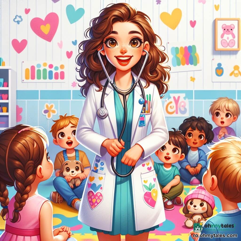 O tânără doctoriță, Ana, de aproximativ 25 de ani, cu părul creț și ochi strălucitori, zâmbește călduros ținând un stetoscop în mână. Poartă un halat alb impecabil, cu motive colorate de inimi și flori, și se află în fața unui grup de copii. Vlad, un băiat de 8 ani, cu părul blond și ochi curioși, ridică mâna cu entuziasm, în timp ce Iulia, o fetiță de 7 ani cu cosițe și rochie roz, ascultă atentă, fascinată. Darius, un băiețel de 5 ani, cu un zâmbet timid și un tricou albastru, o privește pe Ana cu admirație, ținând un jucărie în formă de stetoscop. Scena are loc într-o cameră de joacă luminoasă, plină de culori vii, cu pereți decorați cu desene de animale și inimi, și scaune din plastic multicolore aranjate în cerc în jurul unei mese. Ana explică pasionat importanța sănătății, în timp ce copiii, captivați, participă activ la mini-lectia ei, râzând și punând întrebări.