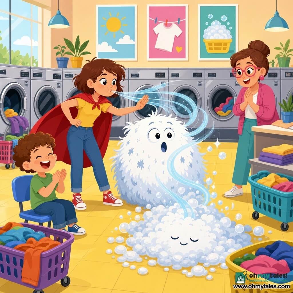 The protagonist is Mina Spark, a round-faced expressive woman with short tousled brown hair wearing an upside-down red cape, her determined yet soothing gaze blowing a gentle visible wind of translucent blue ribbons; the second character is Lila, the adult manager with thick pink glasses and hair in a bun, hands clasped and smiling relieved near a counter to Mina’s right; a six-year-old curly-haired brown boy sits at the left foreground laughing and clapping at the bubbles; a nonhuman figure, the Suds Boss, is a large white foam creature with round eyes and a teardrop-shaped mouth that calms and collapses into a soft pile of bubbles; the setting is the Bright Spin Laundromat, a spacious bright room with pastel walls, rows of silver washers and dryers with black portholes, yellow tiled floor, rolling colorful laundry baskets and cheerful posters; Mina’s polite wind turns chaos into calm—ribbons of wind around the Suds Boss, bubbles settling gently, clothes being tidied, relieved smiling patrons, creating a warm comical atmosphere.