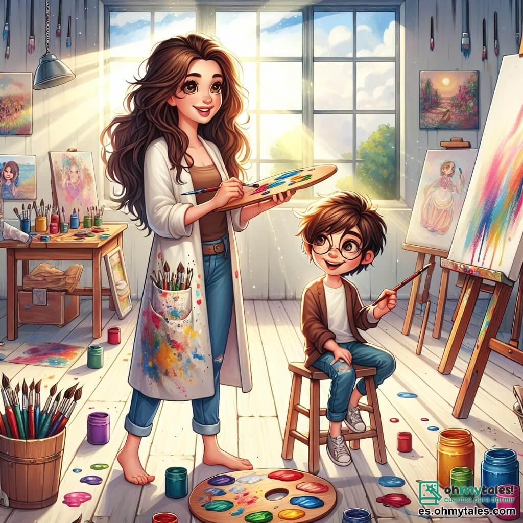 Valeria, una artista de treinta años, se encuentra en el centro de su luminoso taller, rodeada de pinceles de colores y lienzos. Tiene el cabello largo y desordenado, una blusa salpicada de pintura y una sonrisa radiante que expresa la alegría y la pasión por crear. A su lado, Lucas, un niño de doce años con cabello castaño y gafas redondas, observa con asombro, sosteniendo un pincel en la mano. Está sentado en una pequeña silla, listo para pintar, con los ojos brillantes de emoción. El taller es un espacio mágico, con paredes cubiertas de pinturas vibrantes, rayos de luz filtrándose a través de grandes ventanas y un suelo de madera clara salpicado de manchas de pintura. Al fondo, hay frascos de pintura multicolores en una mesa de madera, que añaden a la atmósfera creativa. La escena representa a Valeria y Lucas pintando juntos en un gran lienzo blanco, sus pinceles danzando sobre la tela, creando un mezcla de colores vibrantes. Cierran los ojos, dejando volar su imaginación, mientras risas y creatividad flotan en el aire.