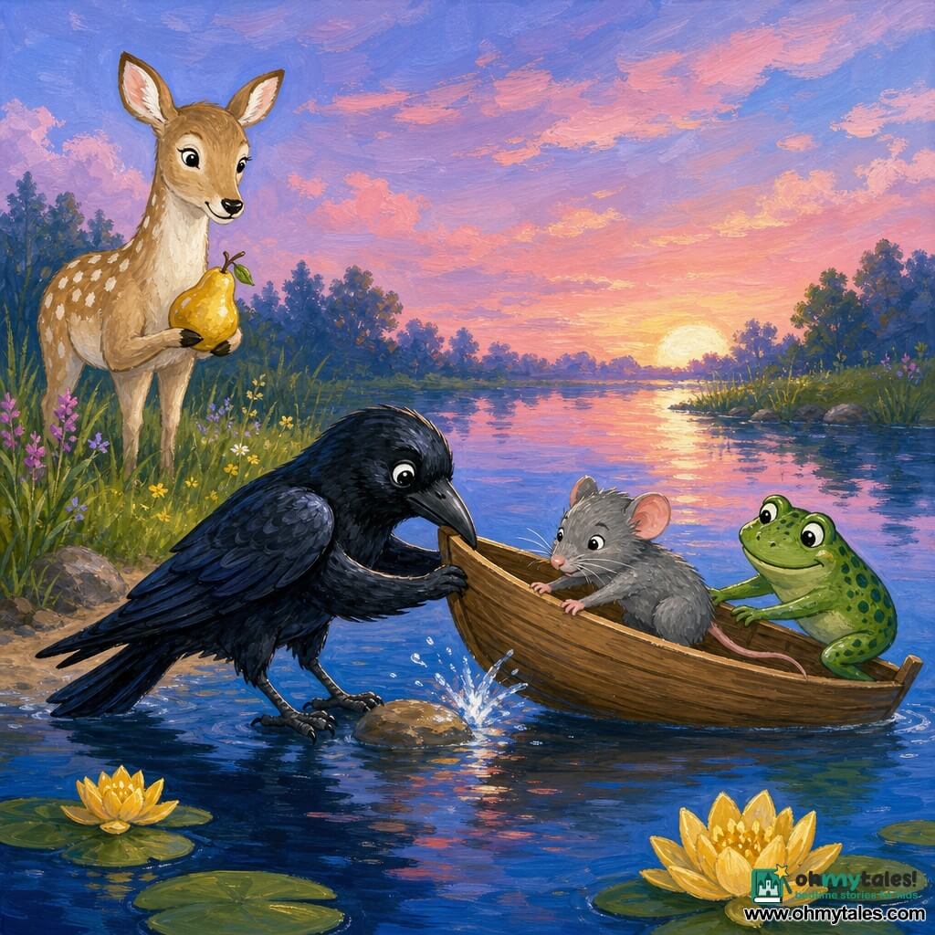 A glossy black crow with bright curious eyes gently pulls a small wooden boat with its beak while holding the edge with its feet; Mina, a small gray mouse with fine whiskers and a brave, worried air, pushes from inside on the crow’s right; Bram, a green spotted frog with a shy smile, helps from the stern sitting on the prow; on the bank an old beige doe with white spots holds a golden pear and watches kindly. It’s a calm twilight pond with deep blue mirror water and pink reflections, yellow water lilies, grassy banks, wildflowers and a pastel sky. The stuck boat pops free with a small "pop" amid helping gestures, soft luminous mood, visible brushstrokes and thick acrylic textures.