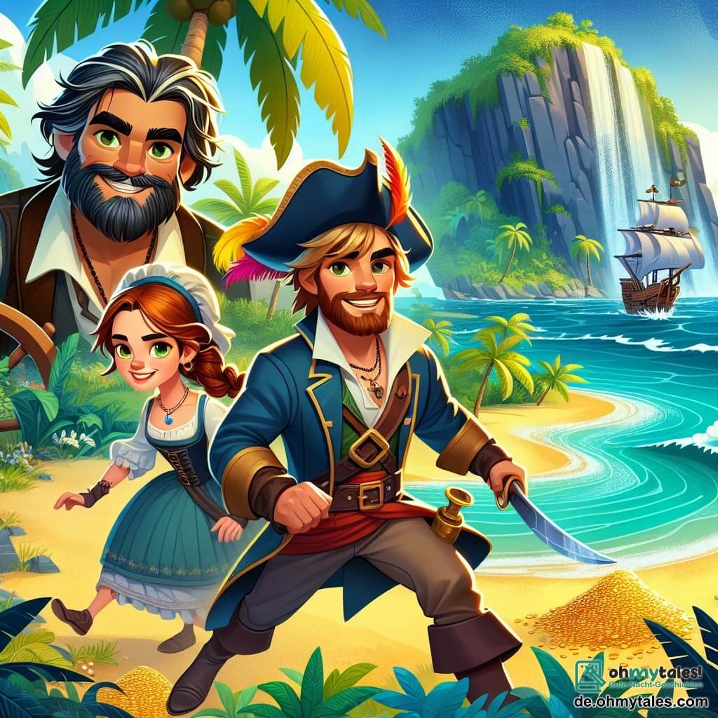 Im Vordergrund steht die Hauptfigur, Kapitän Finnley, ein Mann in seinen Dreißigern mit langen, zerzausten Haaren und einem leichten Bart. Er trägt einen Piratenhut mit einer bunten Feder und einen marineblauen Mantel, und sein Gesicht strahlt vor Freude, als er einen funkelnden Schatz entdeckt. An seiner Seite ist die etwa 25-jährige Lilly, eine Steuermann mit entschlossenem Blick und braunen, zu einem Zopf gebundenen Haaren. Sie hält das Steuerrad des Schiffs fest, bereit, den Wellen zu trotzen. Etwas im Hintergrund schwingt Hector, ein muskulöser Mann in seinen Vierzigern, mit einer Machete und lächelt, bereit, die Lianen des Weges zu durchtrennen. Die Szenerie spielt auf einer geheimnisvollen Insel mit dichtem Grün, sanft wiegenden Palmen im Wind und einem goldenen Sandstrand, der von türkisfarbenem Wasser gesäumt ist. Im Hintergrund erhebt sich majestätisch eine hohe Klippe, die über eine dunkle Höhle wacht, in der der Schatz verborgen ist. Die Hauptsituation zeigt Finnley, Lilly und Hector, die eine alte Schatztruhe entdecken, gefüllt mit Goldmünzen und funkelndem Schmuck, während ein strahlender Regenbogen den Himmel nach einem Sturm erhellt, was ihren Sieg und ihren Abenteuergeist symbolisiert.