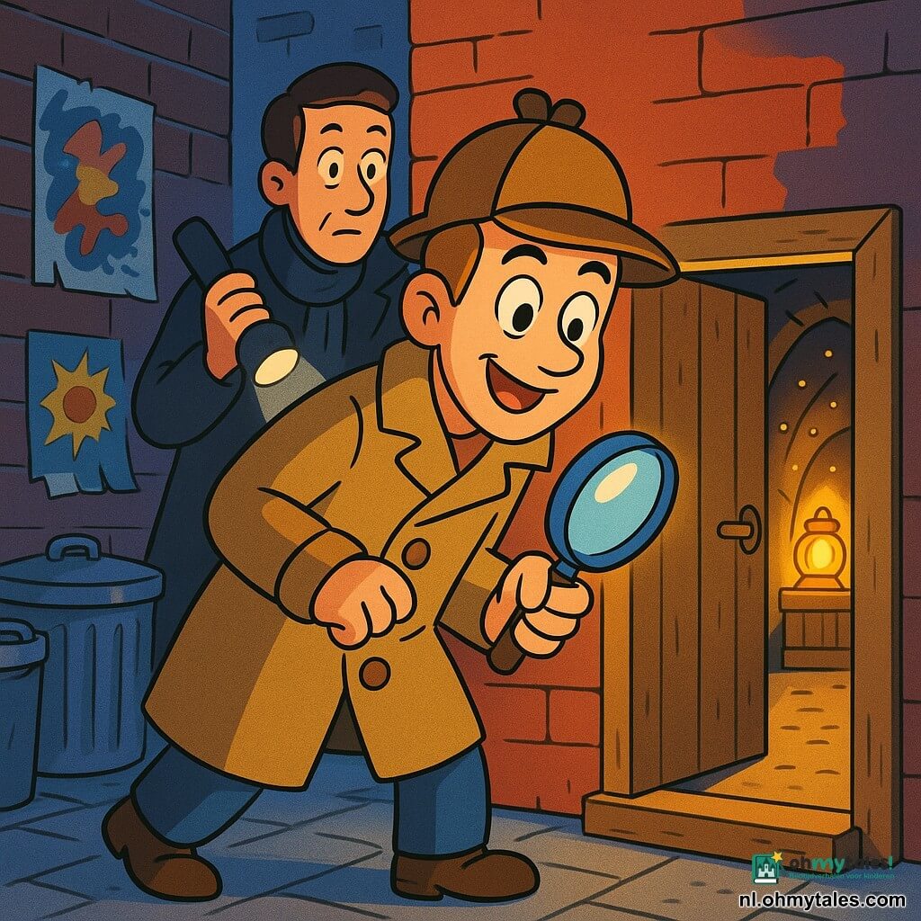 Een hoofdpersonage, een vastberaden en bewonderende man met een glimlach, levendige ogen en opgetrokken wenkbrauwen, draagt een grote bruine detectivehoed, een lange beige jas met ronde knopen en houdt een glanzende loep in zijn rechterhand terwijl hij naar een halfopen steegdeur gebogen staat; een tweede man (Meneer Schaduw), ongeveer 40 jaar, kalm en oplettend, in een donkere jas en zwarte sjaal staat net achter hem met een brandende zaklamp; de smalle kasseiensteeg heeft vlekkerige rode bakstenen muren, metalen vuilnisbakken en gescheurde kleurrijke posters, en uit de houten deur ontsnapt warm geel licht dat naar een geheim tunnel leidt waarin flikkerende lampjes zijn en een grote gouden lantaarn op een houten kist fel schijnt; levendige kleuren, sterk contrast tussen de koude schaduwen van de steeg (blauw en grijs) en het warme licht van de tunnel (geel en goud), met ronde trekken, overdreven expressies en een zachte, geruststellende, kindvriendelijke esthetiek.