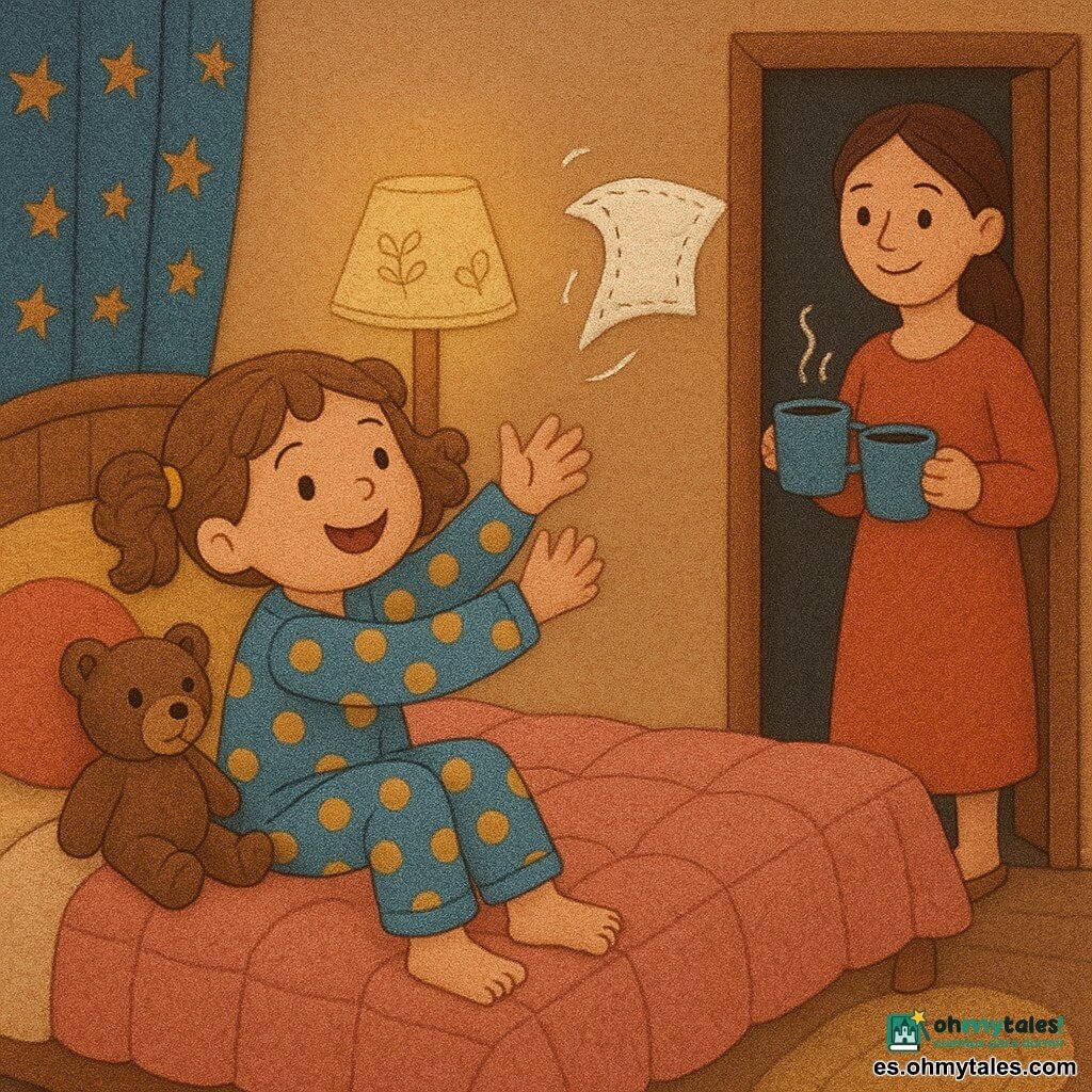 Niña de 4 años, alegre y concentrada, cabello castaño claro rizado en coletas, sentada al borde de la cama descalza con pijama de lunares azul y amarillo, rasgos redondeados y gran sonrisa; un peluche oso llamado Osito, marrón con costuras visibles y ojos negros cosidos, está junto a ella en la almohada mirándola con cariño; una mujer de unos 30 años, pelo liso recogido, sostiene dos tazas de chocolate caliente en la puerta de la habitación sonriendo, iluminada por la lámpara; habitación acogedora y colorida con colcha rosa acolchada, cojines redondos de fieltro, cortina estampada de estrellas, lámpara de mesita de tela bordada y pequeña alfombra de lana bajo la cama; escena principal: la niña intenta "doblar" suavemente un pequeño chuchotito animado, representado como un pañuelo blanco con bordes bordados que vuela como una pluma con líneas de movimiento y puntadas visibles, escena tierna y divertida a la luz de la luna.