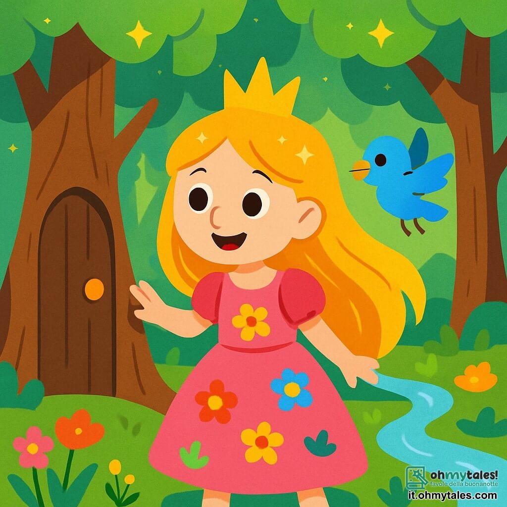 Una piccola principessa di nome Lilia, di 7 anni, si trova al centro della scena. Ha lunghi capelli dorati che brillano al sole e indossa un vestito rosa decorato con fiori colorati. Il suo viso è illuminato da un grande sorriso, che mostra la sua curiosità e meraviglia. Accanto a lei, un piccolo uccello blu di nome Blu, con piume brillanti, vola allegramente intorno a lei, sembrando parlarle. La scena si svolge in una foresta incantata, dove gli alberi sono alti e maestosi, con foglie scintillanti come stelle. Fiori multicolori punteggiano il suolo e un ruscello argentato serpeggia nel paesaggio, aggiungendo un tocco di magia. Lilia scopre una porta segreta in un grande tronco d'albero e si prepara ad aprirla con eccitazione. La luce morbida del sole filtra attraverso i rami, creando un'atmosfera calda e fiabesca.