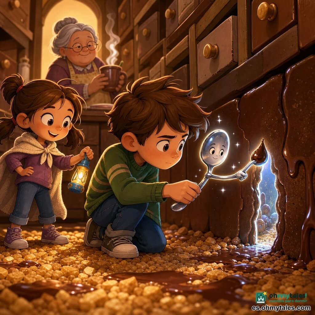 El personaje principal es una pequeña cucharita antropomórfica de metal brillante con ojos grabados y expresión dulce, que flota ligeramente, sostiene una gota de chocolate en la punta y señala una fina grieta luminosa en la pared; secundarios: Leo, un niño de 9 años de pelo castaño despeinado, concentrado y valiente, agachado y sujetando la cucharita mirando hacia la grieta; Nora, una niña de 7 años con capa improvisada y coletas, excitada y traviesa, detrás de Leo con una linterna de juguete encendida; la abuela, figura cálida y redondeada con moño gris, sonriente, observando desde atrás con una taza de chocolate humeante. El lugar es un pasillo convertido en un mundo miniatura mágico con suelo de migas doradas, paredes con pequeños cajones etiquetados y una grieta luminosa como una puerta de hilo plateado; atmósfera de asombro y ternura, composición centrada en la cucharita que apunta a la grieta, colores cálidos (marrones, dorados, azules suaves), iluminación dramática y acogedora, estilo 3D cartoon cel-shading con texturas ligeramente estilizadas y gestos expresivos.