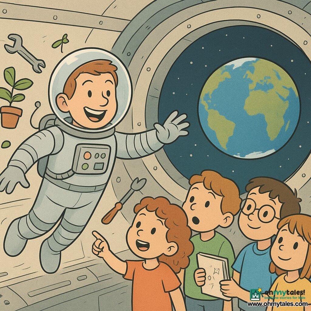 An astronaut named Leo, with a big smile and sparkling eyes, floats in his silver spacesuit inside a spaceship. Around him, tools and plants float in zero gravity. A group of five children, about 6 years old, stands near a large round window of the spaceship. A girl with curly hair and wide eyes points at the Earth visible in the distance. A boy with glasses, looking amazed, holds a sketchbook. The spaceship is spacious, with metallic walls and blinking lights. The main scene shows Leo telling a fascinating story to the children, all captivated by the spectacular view of the bright blue Earth through the window.