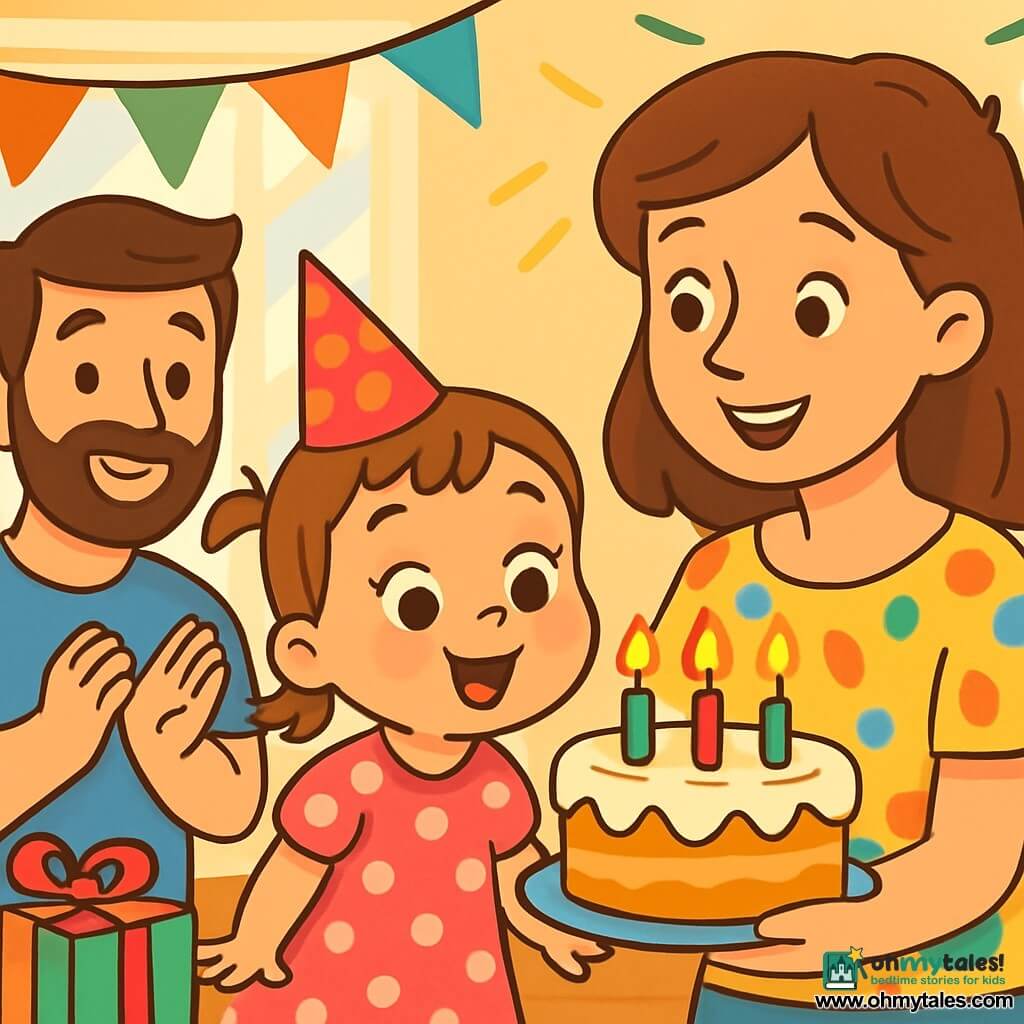 A 2-year-old girl with big bright eyes and a beaming smile is at the center of the image. She is wearing a pretty pink dress with white polka dots and a small party hat. She is blowing out birthday candles in a joyful atmosphere. Next to her, her mother, a smiling woman in her 30s with brown hair and a colorful blouse, holds a large cake decorated with cream and candles, looking at her daughter with tenderness and pride. Behind them, her father, a man around 35 with a soft beard and a blue t-shirt, is clapping and smiling. He stands near a table filled with colorful gifts and floating balloons. The scene takes place in a bright living room decorated with colorful garlands and balloons, with sunlight filtering through the windows. The little girl is making a wish before blowing out the candles, surrounded by her family's love and the excitement of her birthday.