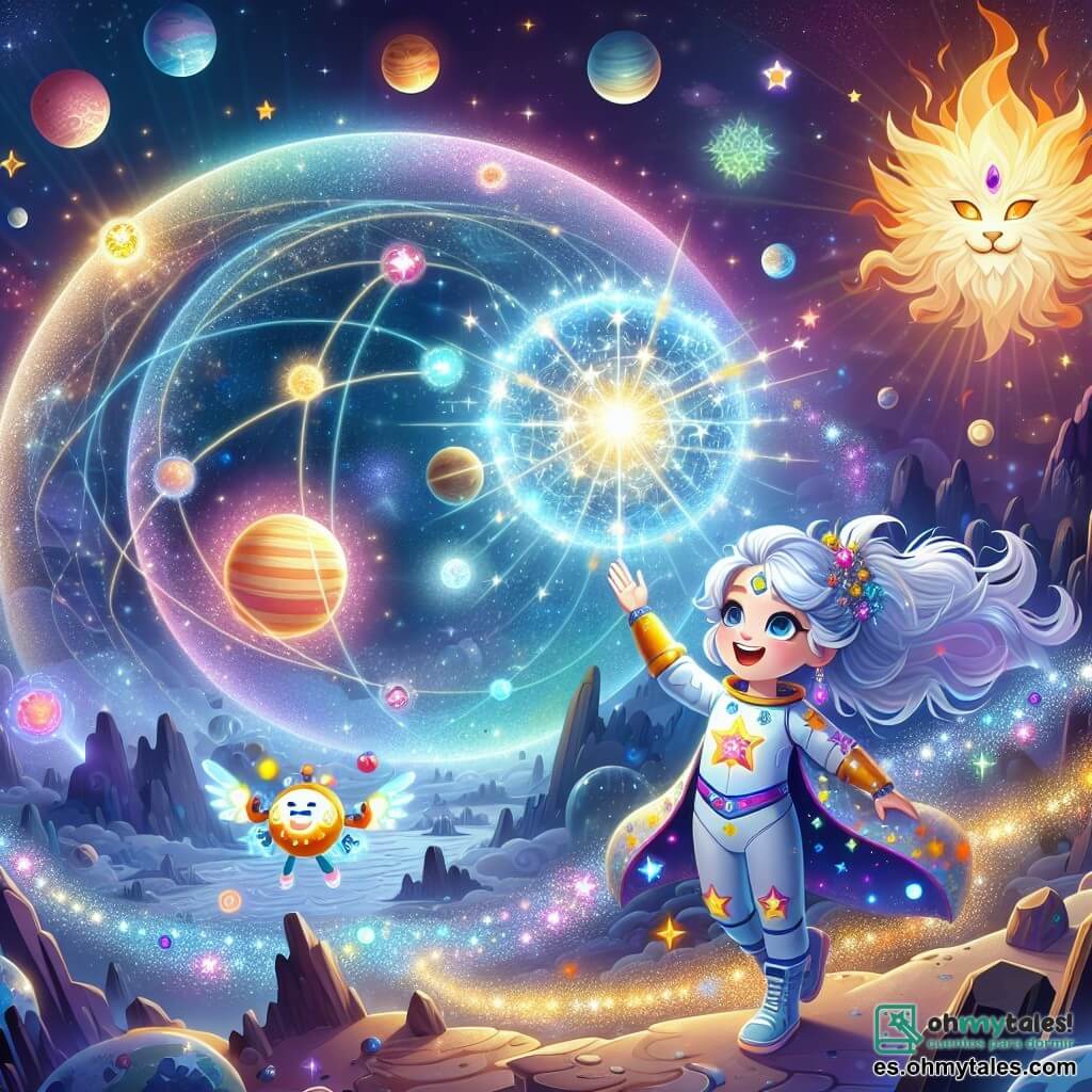 Una joven, Lira, se encuentra en el centro del escenario, con cabello plateado brillante y ojos azules nebulosos, expresando una alegría radiante. Lleva un traje espacial brillante adornado con patrones estrellados y sostiene una varita láser luminosa en su mano. A su lado, su pequeño robot Tic, redondo y chispeante, emite chispas coloridas, flotando alegremente en el aire. 

De fondo, un gran dragón, Flamel, con escamas doradas y ojos llameantes, los observa con una sonrisa benevolente, sus alas desplegadas creando una sombra majestuosa en el suelo. 

La escena se desarrolla en el corazón del Corazón Cósmico, una inmensa esfera luminosa flotando en un espacio estrellado, rodeada de planetas coloridos y cometas centelleantes. Ondas de energía mágica emanan de la esfera, iluminando el paisaje con una luz suave y cálida. 

Lira, con determinación y asombro, utiliza su magia y tecnología para activar el Corazón, mientras notas musicales coloridas flotan a su alrededor, creando una atmósfera de fiesta y armonía en el universo.
