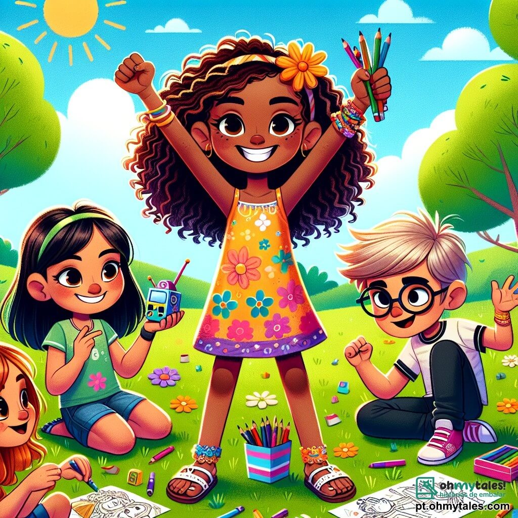 Uma menina de 10 anos, Lúcia, com cabelos cacheados e um grande sorriso radiante, está no centro da imagem, com os braços levantados em sinal de vitória, cercada por amigos. Ela usa um vestido colorido com estampas de flores e sandálias, e sua expressão é cheia de alegria e empolgação. À sua direita, Miguel, um garoto de 10 anos com óculos e cabelos bagunçados, segura um pequeno dispositivo que inventou, com um ar concentrado e entusiasmado. À sua esquerda, Clara, uma menina de 9 anos com cabelos longos e lisos, desenha com lápis de cor, sentada na grama, sorrindo e admirando o projeto do amigo. João, um garoto de 9 anos com cabelos curtos e um boné, está atrás deles, com os braços cruzados, contando uma história engraçada, com um olhar travesso. O local é um parque ensolarado, cheio de árvores com folhas verdes brilhantes, flores coloridas e um grande gramado verde onde as crianças brincam. Ao fundo, um céu azul claro com algumas nuvens brancas e sol brilhante. A cena principal mostra Lúcia e seus amigos que conseguiram criar um divertido "Sorvetão Maluco", um pequeno veículo colorido de papelão, que flutua em uma grande poça d'água, enquanto riem e se divertem juntos, aproveitando a aventura.