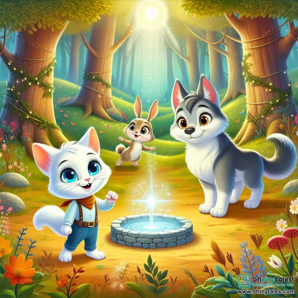 A magical cat named Oliver, with bright white fur and vivid blue eyes, stands bravely in the center of a sunny clearing, displaying an expression of determination and joy. Beside him, a small rabbit named Benny, with large ears and brown fur, looks at Oliver with admiration, while a large gray wolf named Wally stands slightly back, showing a gentle and friendly expression, ready to be kind. The scene takes place in a beautiful clearing in the enchanted forest, surrounded by tall trees with shimmering leaves, colorful flowers, and a soft ray of sunlight illuminating everything. At the center, a magnificent stone well emits a silvery light, adding a touch of magic to the environment. The main situation shows Oliver, Benny, and Wally united in a quest to overcome fear and celebrate friendship, ready to share laughter and stories, illustrating the strength of kindness in a magical world.