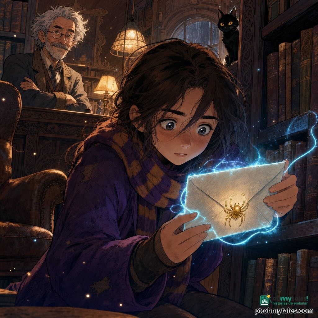 Uma jovem bruxa chamada Lia Valença, olhos curiosos e um pouco inquietos, cabelos castanhos despenteados, veste um casaco roxo gasto e um cachecol listrado, agachada entre as prateleiras de uma velha biblioteca, concentrada e segurando com mãos delicadas uma carta envolta em luz azul cintilante; atrás dela, o bibliotecário Seu Geraldo, cerca de 60 anos, rosto enrugado, óculos redondos e cabelos grisalhos despenteados, braços cruzados e expressão ao mesmo tempo divertida e preocupada, a poucos passos; a biblioteca é antiga, prateleiras de madeira escura cheias de livros empoeirados, entalhes arabescos, lâmpadas quentes projetando poças de luz alaranjada e uma grande poltrona de couro gasto perto de uma janela chuvosa; detalhes mágicos: partículas de luz flutuantes, um pequeno gato preto de olhar malicioso numa prateleira e um selo dourado em forma de aracnídeo na carta que brilha; contraste entre luzes quentes e o azul místico ao redor da carta, ambiente doce, misterioso e acolhedor, enquadramento fechado em Lia e na carta; estilo gráfico em tons pastéis ligeiramente saturados, linhas suaves, texturas de papel e madeira marcadas e expressões faciais infantis e legíveis.