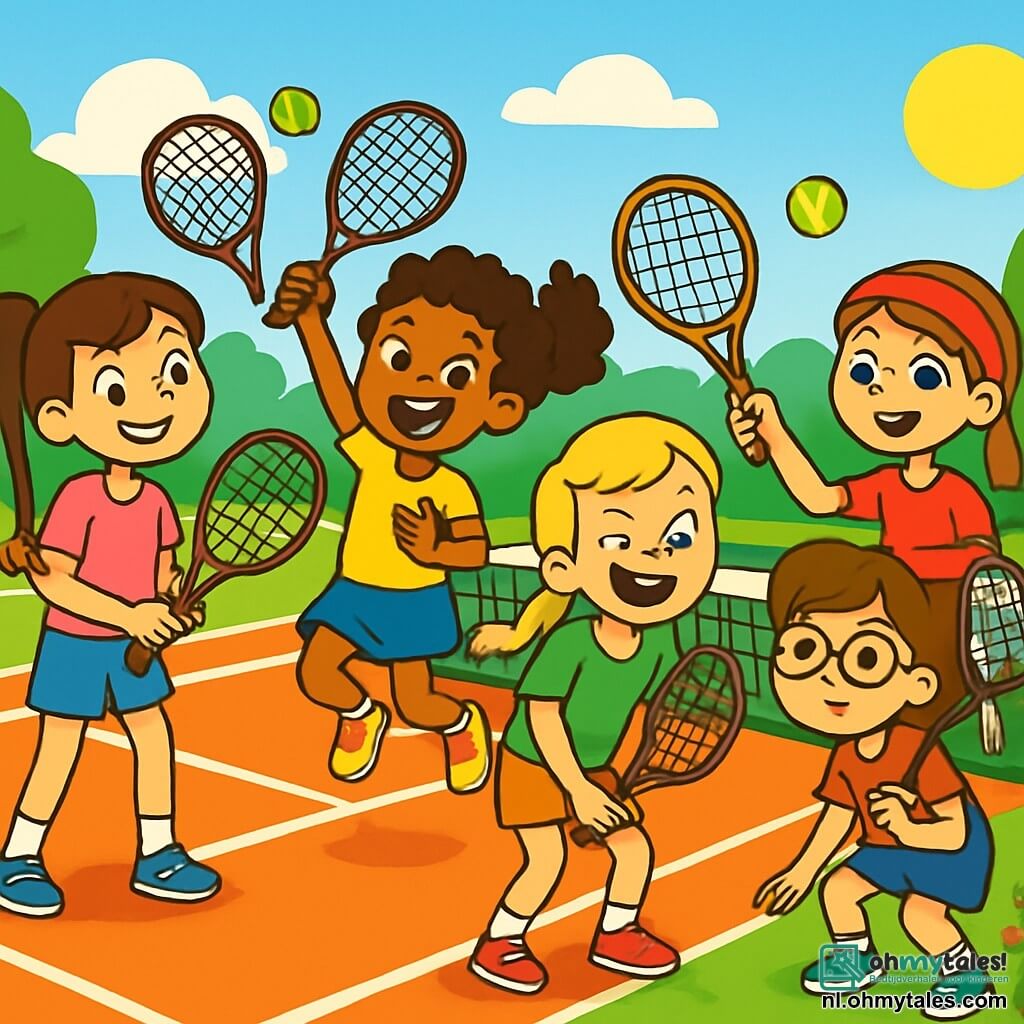 Er zijn 5 personages: - Mila: een 10-jarig meisje met een lange bruine paardenstaart, een roze T-shirt en een blauwe short. Ze houdt een tennisracket vast en glimlacht vrolijk. - Noor: een 10-jarig meisje met krullend haar en felgele schoenen. Ze springt enthousiast, klaar om de bal te slaan. - Zoë: een 10-jarig meisje met blonde vlechten en een groen T-shirt. Ze maakt een grappige grimasse terwijl ze haar racket vasthoudt. - Emma: een 10-jarig meisje met kastanjebruin haar en een bril, geconcentreerd op het spel. Ze staat een beetje gehurkt, klaar om de bal te ontvangen. - Sam: een 10-jarig meisje met steil haar en een rode haarband, die glimlacht terwijl ze de bal serveert. Ze staat naast Mila en toont haar vastberadenheid. De locatie is een mooie openlucht tennisbaan, omringd door weelderige groene bomen en kleurrijke bloemen. De lucht is blauw met enkele witte wolken en de zon schijnt, wat een vrolijke en dynamische sfeer creëert. De belangrijkste situatie toont de vijf meisjes die samen trainen, lachend en elkaar aanmoedigend, terwijl ze proberen de tennisbal over het net te slaan. De energie en opwinding van hun vriendschap en teamgeest zijn voelbaar in de lucht.