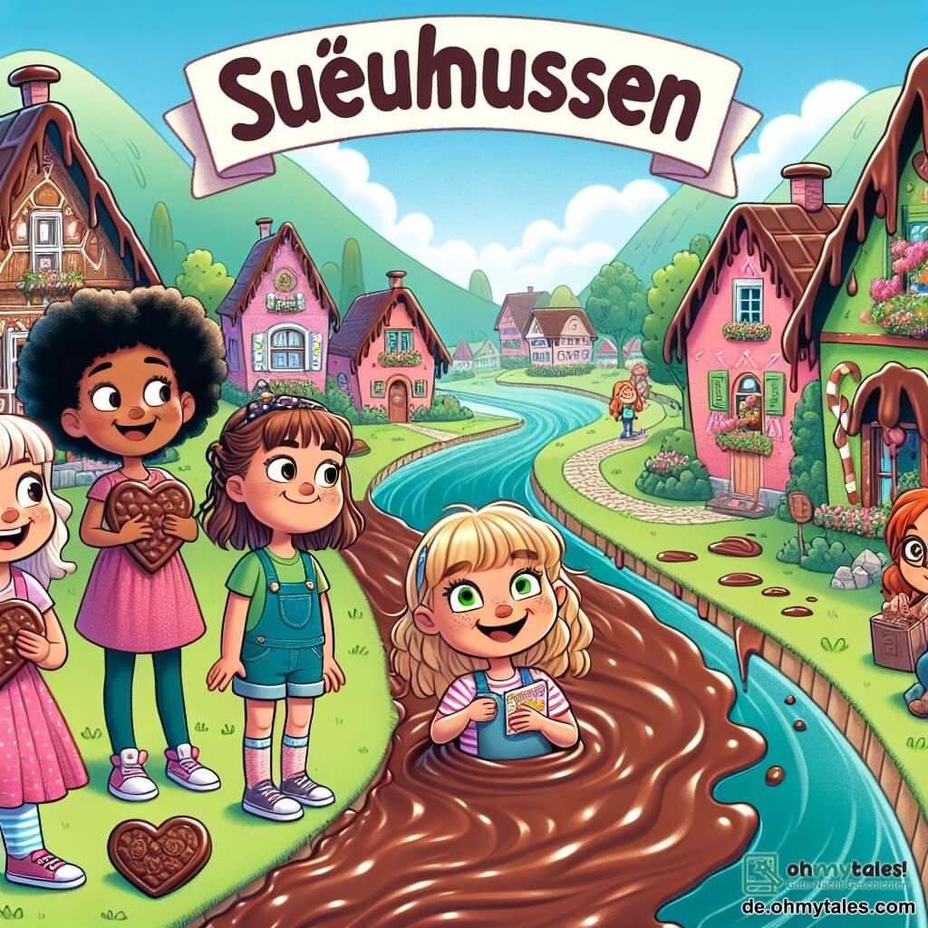 In einem bunten Dorf namens Süßhausen stehen fünf Mädchen im Alter von 8 bis 10 Jahren am Ufer eines riesigen Schokoladenflusses. Mia, 9 Jahre alt mit lockigem, blondem Haar und einem rosa Kleid, lächelt begeistert und hält einen großen herzförmigen Keks. Lisa, 10 Jahre alt mit glattem, braunem Haar, trägt ein grünes T-Shirt und eine Jeansshorts und steht in der Mitte mit verschränkten Armen und einem entschlossenen Gesichtsausdruck. Emma, 8 Jahre alt mit roten Zöpfen in blauer Latzhose, schaut mit weit aufgerissenen Augen auf den Fluss neben Lisa. Sophie, 9 Jahre alt mit schwarzen Haaren und Brille, notiert konzentriert in einem kleinen Notizbuch, während Lena, 10 Jahre alt im Rollstuhl mit braunem Haar und lila Kapuzenpullover, leicht im Hintergrund steht und selbstbewusst lächelt, bereit, auf die Keksbrücke zu rollen. Die Umgebung ist lebhaft mit bunten Häusern aus Süßigkeiten, Zuckerstangenbäumen und einem strahlend blauen Himmel. Der Schokoladenfluss fließt sanft, umgeben von Zuckerwattegirlanden. Die Szene zeigt die Mädchen, die lachen und sich darauf vorbereiten, eine bunte Keksbrücke zu überqueren, während Schokoladenspritzer um sie herum für eine fröhliche und verspielte Stimmung sorgen.