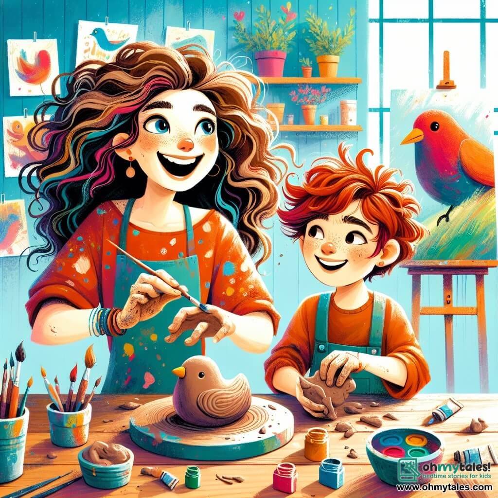 A young woman named Mia, with large brown curls and paint splatters on her clothes, smiles joyfully while sculpting a clay bird on a wooden table. Her eyes shine with excitement and creativity. Next to her, a ten-year-old boy, Max, with messy red hair and sparkling eyes, shapes a clay bird with concentration, his face lit up by a broad smile. Their studio is a magical place, filled with bright colors: blue-painted walls, vibrant canvases hanging, and paint pots scattered on shelves. Sunlight filters through the windows, creating dancing shadows on the wooden floor. In this scene, Mia and Max share a moment of joy and creativity, laughing together as they explore the world of art, surrounded by their colorful creations and the vibrant energy of their workshop.
