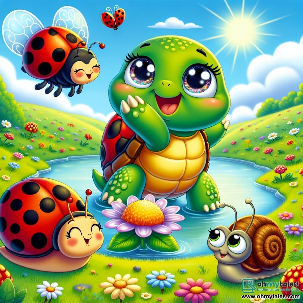 A little turtle named Tilly, with a shiny green shell and sparkling eyes full of excitement, stands proudly at the center of the scene, smiling and raising a paw to show her determination. Next to her, a cheerful ladybug named Lucy, with red wings dotted with black, dances around her, while a wise snail named Sammy, with a brown spiral shell, slowly moves forward, smiling and watching the turtle with admiration. The setting is a beautiful sunny meadow filled with colorful flowers and soft green grass, under a clear blue sky dotted with fluffy white clouds. In the distance, a shimmering pond reflects the sun, adding a touch of magic to the scene. The scene depicts Tilly, Lucy, and Sammy discovering a wonderful magical flower at the center of the meadow, illuminated by vibrant colors, as they prepare to admire it and celebrate their friendship.