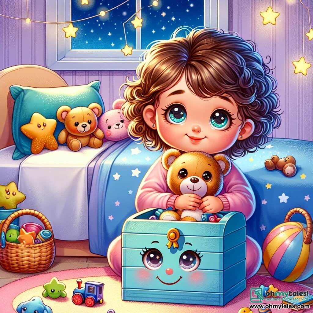 An illustration depicts a little girl with curly hair, sparkling curious eyes, and a shy smile. She is sitting on her bed surrounded by stuffed animals, holding her teddy bear close, showing both excitement and apprehension. Next to her is a cheerful blue toy chest with a smiling face and bright eyes, appearing comforting and friendly. It is open, ready to welcome toys, exuding warmth and safety. The scene takes place in a colorful children's room with pastel-painted walls, twinkling stars on the ceiling, and toys scattered on the floor. Soft moonlight filters through the window, creating gentle, soothing shadows. The main situation shows the little girl about to fall asleep, reminiscing about the comforting stories her toy chest tells her as she overcomes her fear of the dark. Additional graphic elements include bright stars in the night sky visible through the window, a fluffy rug under the bed, and colorful toys that add life to the scene, enhancing the warm and reassuring atmosphere of this magical night.