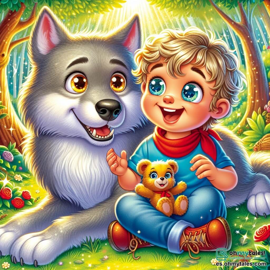 Un niño de 4 años, llamado Tomás, con grandes ojos redondos y brillantes, lleva una pequeña bufanda roja y una camiseta azul. Tiene una sonrisa cálida y curiosa, y está sentado en la hierba verde acariciando a un gran lobo de pelaje gris, que tiene ojos brillantes y tristes. El lobo, aunque grande, tiene una postura suave y amigable, mostrando sus dientes con una ligera sonrisa. Al lado de Tomás, su osito de peluche, Tino, está sentado con una cara sonriente y brazos abiertos, como si también quisiera abrazar al lobo. La escena se desarrolla en un claro encantado del bosque mágico, rodeado de árboles con hojas brillantes, donde flores coloridas bailan al ritmo del viento. Rayos de sol atraviesan las ramas, creando destellos dorados en el suelo. Tomás y el lobo están jugando juntos, el niño riendo alegremente, mientras el lobo inclina la cabeza, intrigado y feliz de haber encontrado un amigo.