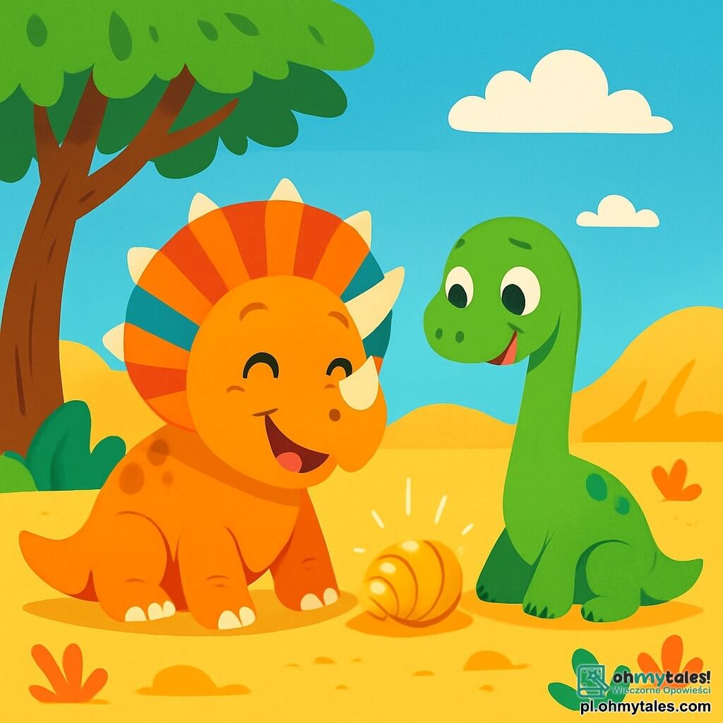 Wesoły triceratops o imieniu Tosiek, z dużym uśmiechem, trzema ostrymi rogami i kolorowym kołnierzem, stoi na miękkim dywanie złotego piasku. Obok niego mały zielony diplodok o imieniu Dino, z długą szyją i oczami błyszczącymi ciekawością, z zachwytem patrzy na lśniący muszelkę, którą właśnie odkryli. Niebo jest jasnoniebieskie, usiane kilkoma puszystymi białymi chmurami, a duże drzewo z zielonymi, bujnymi liśćmi oferuje cień naszym dwóm przyjaciołom. Scena pokazuje Tosika i Dino siedzących razem, badających ich błyszczący skarb, otoczonych wydmami piasku i małymi kolorowymi roślinami, pełnymi ekscytacji i szczęścia.