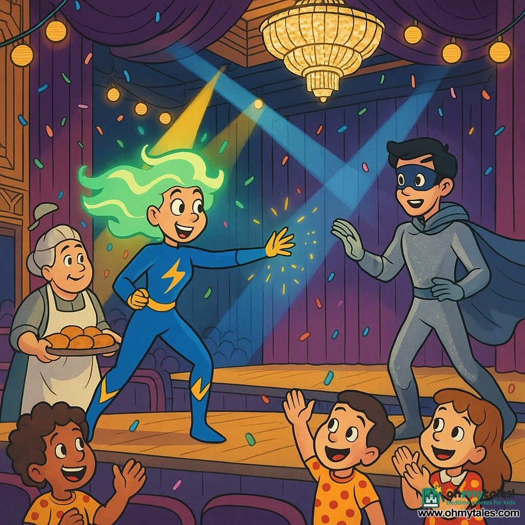 Heroine ZapaZoom smiles reassuringly with glowing emerald-green hair and a fitted electric-blue suit with yellow lightning motifs, arms outstretched emitting small sparkles toward the Flicker Phantom, a surprised relieved young man in a shimmering silver-gray costume and semi-transparent cape reaching toward her from the right; Mrs. Bumble, a flour-dusted 60-year-old baker with gray hair in a bun and an apron holds a tray of rolls in the front-left of the audience; an amazed curly-haired 8-year-old boy and a 7-year-old girl in polka-dot dresses stand at the front applauding; the scene is an Art Deco concert hall with a grand crystal chandelier, purple curtains, velvet seats, hanging lanterns and yellow-and-blue spotlights while rainbow confetti falls, lights blaze and the crowd cheers.