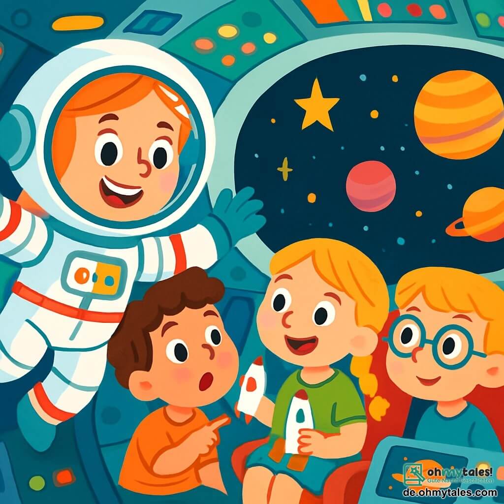 Eine lächelnde Astronautin mit einem glänzenden Helm und einem weißen Raumanzug, der mit lebhaften Farben verziert ist, schwebt fröhlich in ihrem Raumschiff. Ihre Augen funkeln vor Aufregung, während sie durch das Fenster schaut. Im Inneren des Raumschiffs sitzen drei neugierige Kinder, zwei Jungen und ein Mädchen im Alter von 5 bis 7 Jahren, auf bequemen Sitzen. Der erste Junge mit braunen, lockigen Haaren zeigt auf einen hellen Stern draußen, während das Mädchen mit blonden Zöpfen lächelt und ein kleines Raketenmodell hält. Der zweite Junge mit Brille und blonden Haaren schaut aufmerksam auf einen Bildschirm, der Bilder von Planeten zeigt. Das Raumschiff ist voller bunter Lichter, blinkender Knöpfe und Kontrolltafeln. Draußen erstreckt sich ein sternenklarer Himmel mit bunten Planeten und funkelnden Nebeln. Die Hauptsituation zeigt die Astronautin, die den Kindern die Wunder des Weltraums erklärt, während sie alle gemeinsam einen Moment der Freude und des Staunens erleben und von interstellaren Abenteuern träumen.