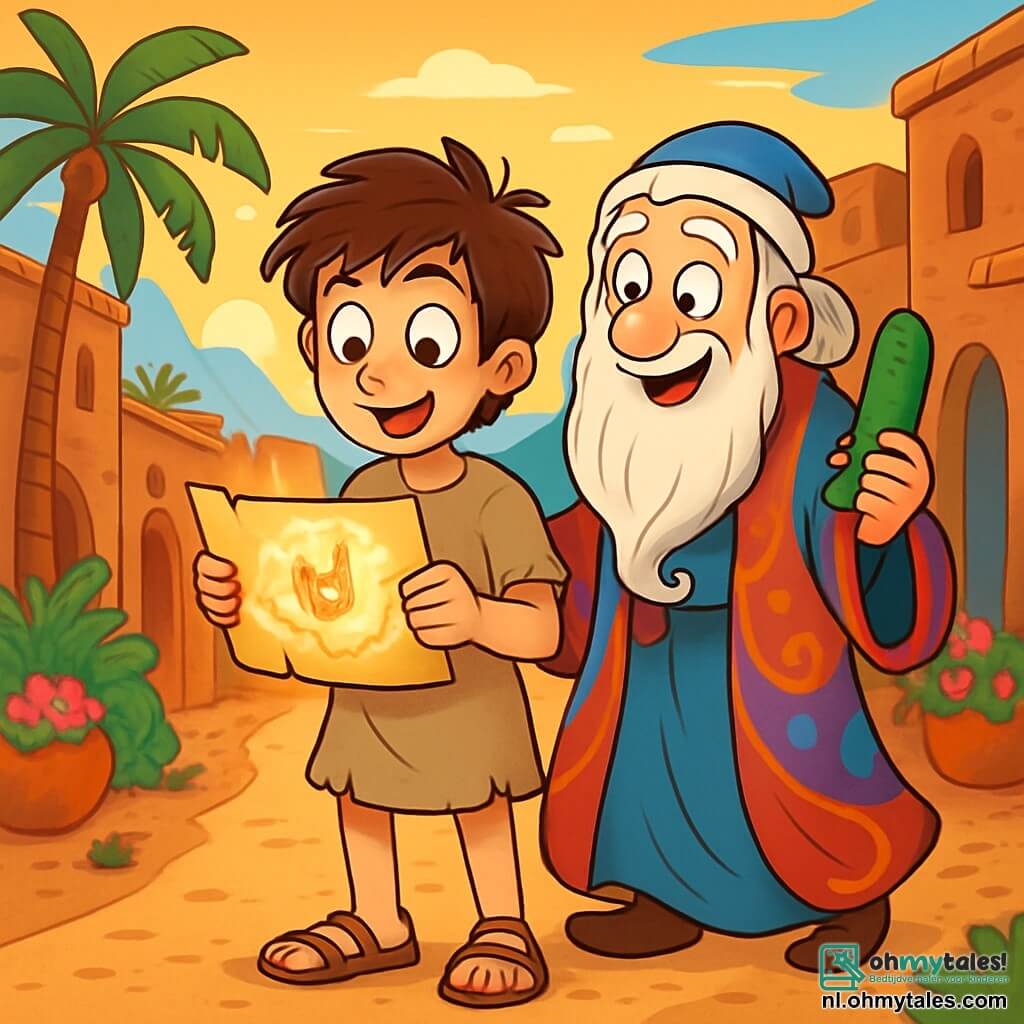 Ardushir, een jongen van ongeveer 12 jaar, heeft rommelig bruin haar en nieuwsgierige sprankelende ogen. Hij draagt een eenvoudige beige tuniek, licht versleten, en leren sandalen. Hij staat op een stoffige weg met een mysterieuze kaart die schittert in het licht van een ondergang, zijn gezicht getekend door verbazing en opwinding. Naast hem staat de Scheve Profeet, een man van ongeveer 60 jaar met een lange witte baard en een kleurrijke jurk die om hem heen waait. Hij struikelt een beetje, met een ondeugende glimlach op zijn lippen, terwijl hij een magische komkommer in zijn hand houdt. De achtergrond toont een oude stad met warme, aardse bakstenen huizen, zacht wuivende palmbomen en smalle straatjes vol met bloempotten. In de verte zijn majestueuze bergen zichtbaar onder een azuurblauwe lucht. De hoofdsetting laat Ardushir zien, verward maar vastberaden, die de magische kaart bestudeert terwijl de Scheve Profeet hem de zoektocht naar de Dansende Kip uitlegt, een avontuur vol mysterie en magie.