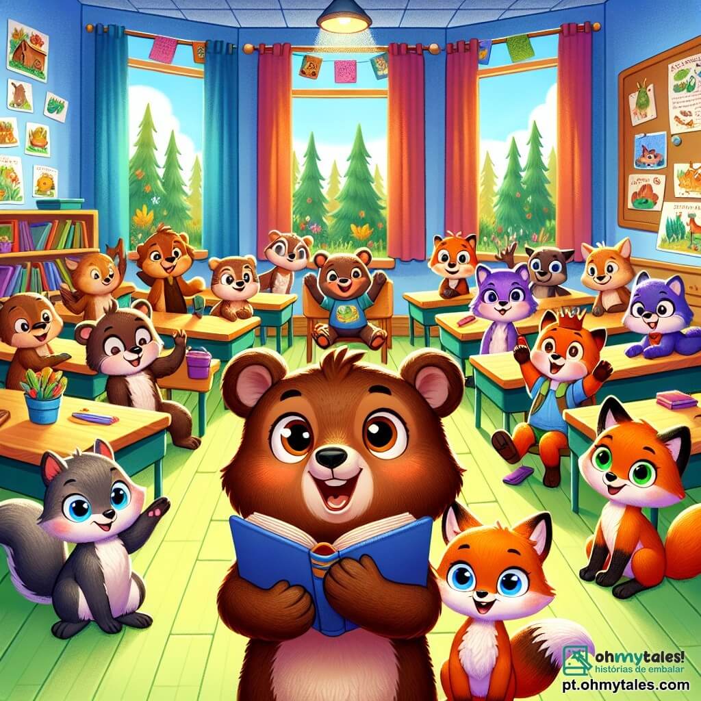 Um pequeno urso marrom chamado Bruno, com olhos brilhantes e um sorriso radiante, está no centro de uma sala de aula colorida, cercado por desenhos da floresta nas paredes. Ele está entusiasmado e segura um livro aberto em suas patas, pronto para compartilhar sua história com os amigos. Ao seu lado, uma pequena raposa laranja chamada Lila, com olhos brilhantes e uma expressão alegre, o encoraja levantando uma pata, ansiosa para ouvir. Ao fundo, outros animais da floresta, como um esquilo e uma coruja, escutam atentamente, com rostos iluminados pela curiosidade. A sala de aula é cheia de cores vivas, com mesas de madeira e cartazes educativos sobre a natureza, criando uma atmosfera acolhedora. A cena principal mostra Bruno e Lila compartilhando seu projeto de livro sobre a floresta, cercados por seus colegas, todos cativados pela aventura que estão prestes a contar.