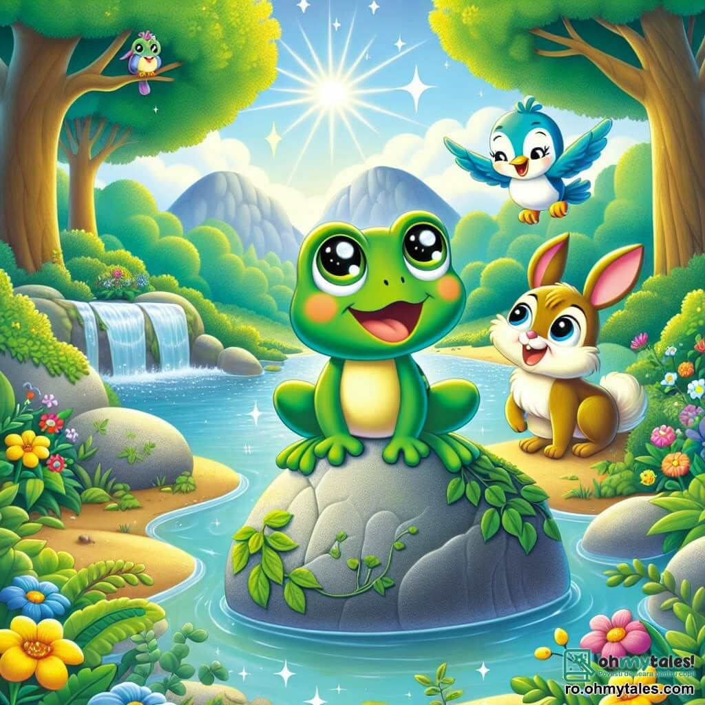 O brotacică pe nume Bibi, cu o piele verde strălucitoare și ochi rotunzi și strălucitori, sare vesel pe o piatră mare lângă un pârâu, afișând un zâmbet larg de curiozitate și excitație. Lângă ea, un iepuraș adorabil pe nume Titi, cu blană maro și urechi lungi, o observă atent pe brotacică, pregătit să o ajute în aventură. Mai departe, o pasăre frumoasă pe nume Lila, cu pene colorate de albastru și galben, zboară în cercuri deasupra lor, cântând vesel. Decorul este o pădure luxuriantă, cu copaci măreți cu frunze verzi, flori strălucitoare de culori vii și un pârâu cristalin care strălucește sub soare. Situația principală arată cum Bibi și prietenii ei descoperă o piatră mare acoperită cu alge în fundul pârâului, pe care încearcă să o ridice împreună pentru a dezvălui o surpriză magnifică ascunsă.