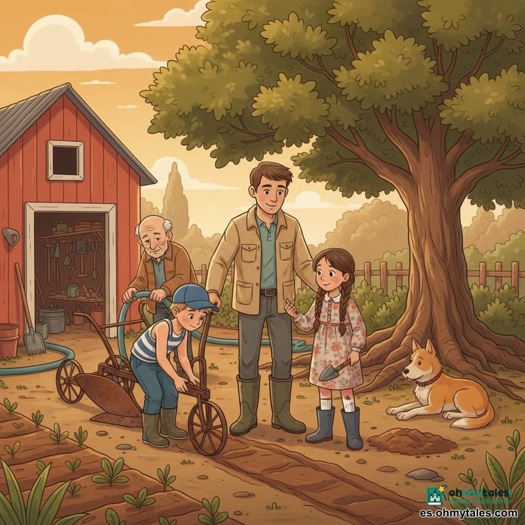 Un hombre adulto, Lucas, sonriente y sereno, pelo castaño corto, chaqueta beige y botas embarradas, apoya la mano en un antiguo arado de metal oxidado y muestra suavemente los surcos de tierra a los niños; a la derecha está Sofía, unos 9 años, trenzas y vestido de flores, con rodillas sucias y una pequeña pala en las manos, observando atento, y a la izquierda un niño de unos 8 años con gorra azul, vaqueros y camiseta a rayas se incline para tocar la tierra fresca; detrás del grupo, de pie junto al arado, un anciano de unos 70 años, abuelo de rostro arrugado y chaqueta de lana, ayuda señalando una manguera reparada; a un lado, Truco, el perro de la granja de tamaño mediano y pelaje leonado, yace junto a las raíces de un gran roble; el lugar es un pequeño patio de granja con suelo de tierra, hileras de cultivos, un cobertizo de madera rojo con herramientas colgadas y un roble frondoso bajo un cielo dorado de tarde; escena cálida de enseñanza en la que Lucas explica el arado y el respeto por la tierra, los niños escuchan y la textura de la tierra y el metal oxidado es visible.