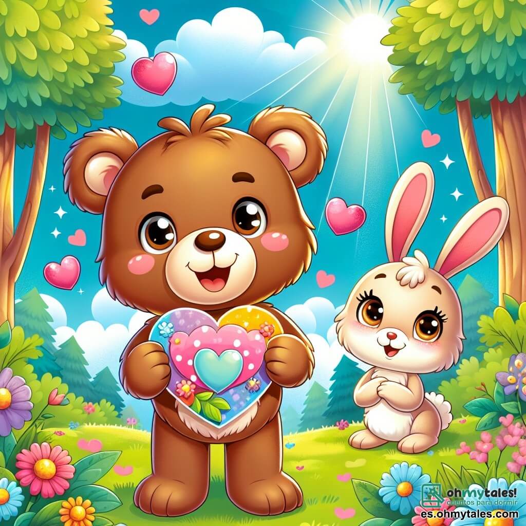 Ilustración de un pequeño oso de peluche y un niño de cabello castaño y ojos brillantes de alegría, sosteniendo una tarjeta colorida en forma de corazón. Sonríe ampliamente, mostrando su entusiasmo y amor por su mamá. Junto a él, una conejita, una niña con grandes orejas y pelaje blanco suave, observa con admiración la tarjeta que sostiene el oso. El fondo es un bosque encantado con altos árboles, flores coloridas y rayos de sol filtrándose entre las ramas. La escena muestra al pequeño oso celebrando el Día de la Madre, listo para regalar su tarjeta a su mamá, rodeado de la belleza de la naturaleza. Elementos gráficos adicionales incluyen corazones flotantes y flores alrededor, creando una atmósfera alegre y festiva.