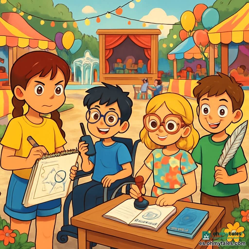 Hay 4 personajes: Sofía, una niña de 10 años con trenzas, camiseta amarilla y pantalones cortos de mezclilla, sostiene un gran cuaderno de dibujos y un bolígrafo colorido, de pie a la izquierda con una mirada decidida. Marcos, un niño de 11 años con cabello negro desordenado y gafas redondas, está sentado en una silla de ruedas, lleva una camiseta azul y pantalones negros, sosteniendo un walkie-talkie en una mano y un lápiz en la otra, sonriendo a Sofía. Lucía, una niña de 10 años con cabello rubio y gafas en forma de corazón, lleva un vestido de flores y está estampando pasaportes con un bonito sello en forma de pluma, a la derecha de Sofía. Leo, un niño de 10 años con cabello castaño y una sonrisa traviesa, lleva una camiseta verde y pantalones cortos, sosteniendo una pluma plateada en una mano, a la derecha de Lucía. La escena tiene lugar en una hermosa y animada plaza de feria, llena de puestos coloridos, globos flotantes y guirnaldas luminosas. En el centro, un pequeño escenario de madera con cortinas rojas, rodeado de mesas donde los niños juegan e intercambian libros. Flores vibrantes decoran los bordes y una gran fuente brilla bajo el sol, añadiendo frescura al ambiente festivo. Los niños están en plena investigación, trabajando juntos para resolver el misterio de un sello perdido. Sofía dibuja planes en su cuaderno, mientras Marcos usa su walkie-talkie para comunicarse. Lucía y Leo, con expresiones concentradas, estampan pasaportes y preparan su puesto secreto, creando una atmósfera de emoción y aventura.
