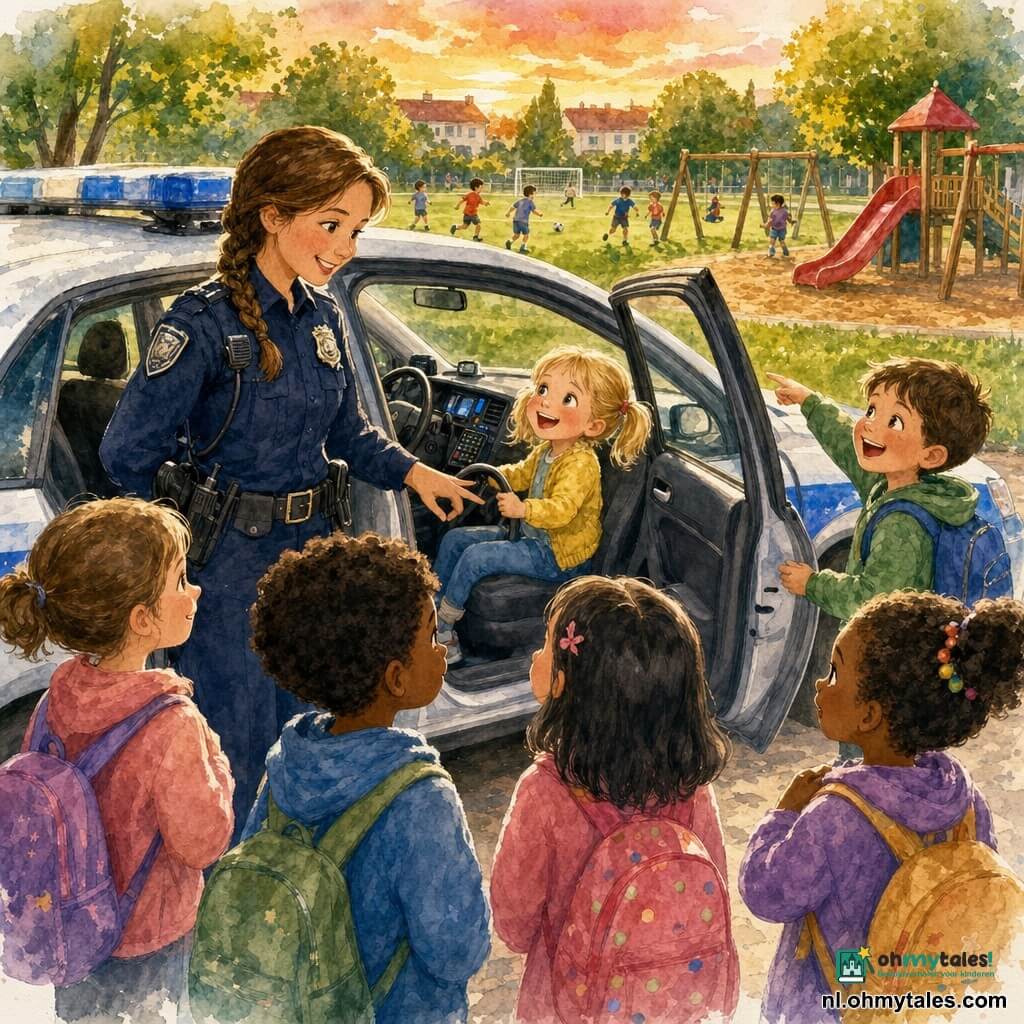 Een glimlachende vrouwelijke politieagente met bruin gevlochten haar in een net donkerblauw uniform met glanzend badge staat bij een open politiewagen en toont kinderen de knoppen en radio; Emma (ongeveer 5) met blonde staartjes zit voorin en raakt het stuur aan, Max (ongeveer 6) met kort bruin haar wijst naar de speeltuin bij de open achterdeur, twee andere kinderen (4–6) met kleurrijke rugzakken kijken toe; park in de late namiddag met groen voetbalveld, rode glijbaan, houten schommels, loofbomen en pasteloranje lucht; zachte aquarelkleuren, zacht licht, licht onscherpe randen en gecontroleerde spetters voor een warm, kinderlijk effect.