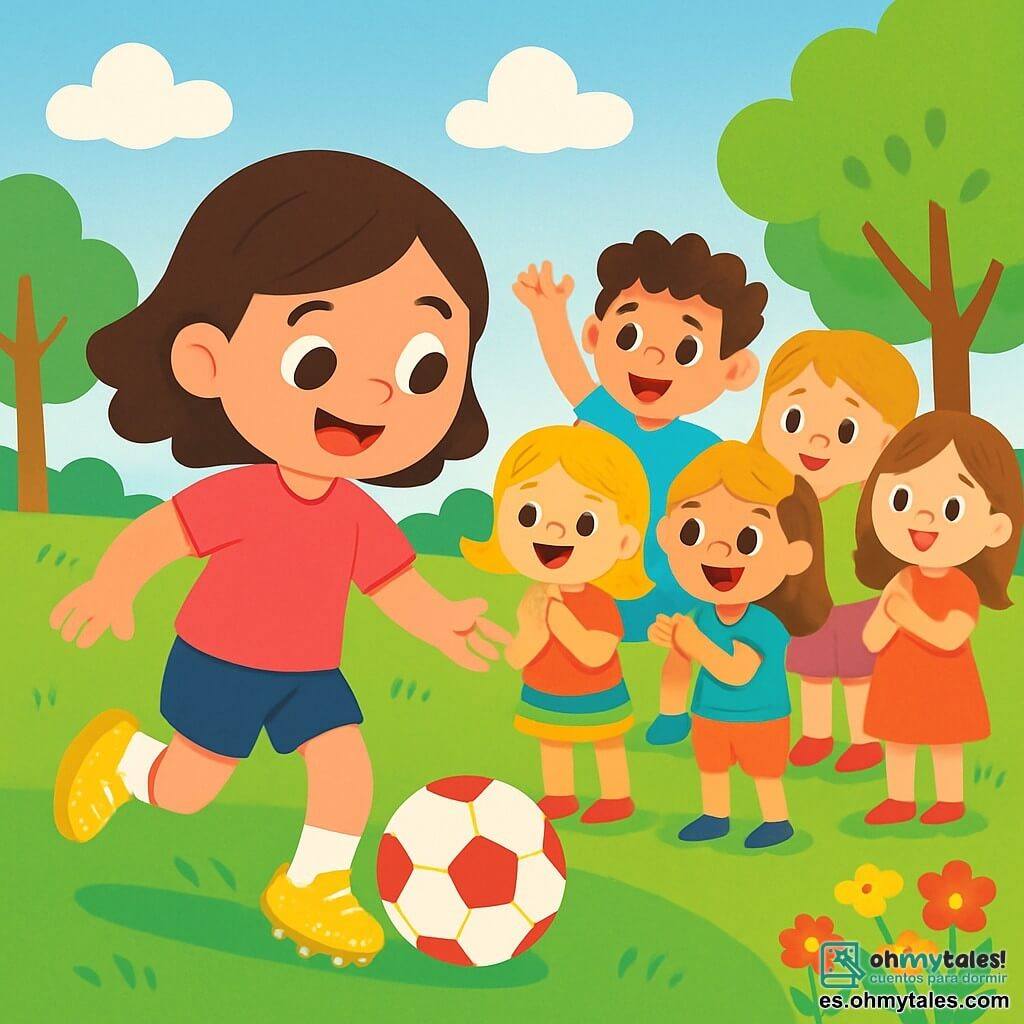 Una joven llamada Sofía, sonriente y llena de energía, lleva una brillante camiseta rosa y zapatos de fútbol amarillos que parecen brillar al sol. Ella dribla un balón de fútbol rojo y blanco, con los ojos llenos de emoción. A su lado, un grupo de cinco niños de 5 a 7 años, con cabello rizado y liso, la observa con asombro. Un niño de cabello castaño, con una camiseta azul, levanta los brazos, listo para jugar, mientras una niña de cabello rubio, con una falda colorida, aplaude alegremente. La escena tiene lugar en un campo de fútbol verde, rodeado de árboles con hojas brillantes y un cielo azul claro con nubes blancas. A lo lejos, flores coloridas añaden un toque de magia al entorno. Sofía, llena de alegría, invita a los niños a jugar al fútbol juntos, creando una atmósfera de camaradería y risas.