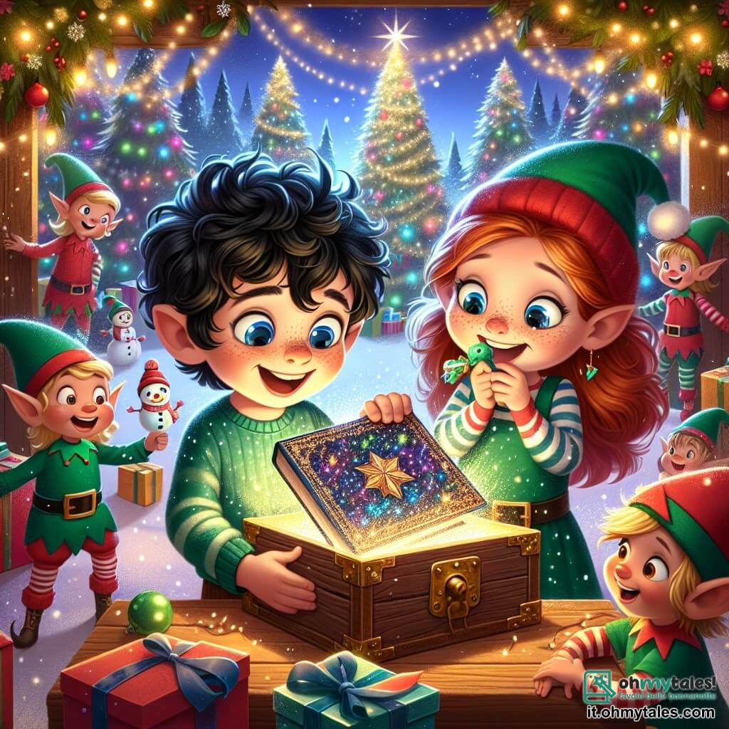 Un ragazzo di 5 anni, di nome Luca, con capelli neri e ricci, occhi blu che brillano di gioia, si trova al centro dell'immagine, sorridendo con meraviglia mentre scopre un libro magico scintillante in una vecchia scatola di legno. Accanto a lui, una bambina di 6 anni, Sofia, con capelli rossi e lentiggini, tiene un ornamento a forma di pupazzo di neve, i suoi occhi brillano di eccitazione mentre ammira il libro. Sullo sfondo, elfi dalle orecchie a punta, vestiti con costumi verdi e rossi, si affaccendano a impacchettare regali colorati, riempiendo l'aria di risate e canti di Natale. Il luogo è un paese incantato di Natale, con alberi maestosi decorati con luci e fiocchi di neve che cadono dolcemente, creando un'atmosfera magica e accogliente. La scena principale mostra Luca e Sofia, meravigliati dalla magia del libro, circondati da regali scintillanti, mentre gli elfi si attivano gioiosamente intorno a loro, pronti a condividere la magia del Natale.