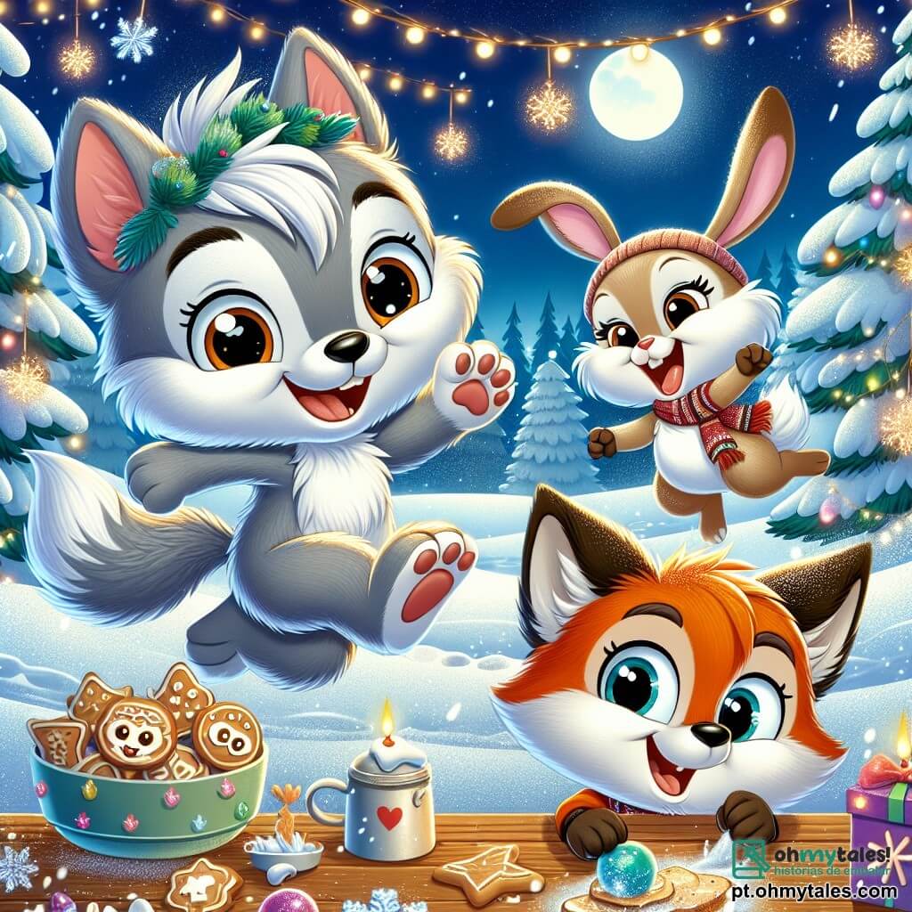 Um pequeno lobo chamado Lobozinho, com pelagem cinza macia e olhos brilhantes de alegria, salta na neve cintilante, com um grande sorriso no rosto. Ao lado dele, uma coelhinha travessa, a Coelhina, com orelhas longas e pelagem branca, ri enquanto lança uma bola de neve, seus olhos brilhando de excitação. Um pouco mais adiante, a Raposa, com sua pelagem ruiva e expressão travessa, prepara biscoitos em uma mesa de madeira decorada com luzes. Ao fundo, uma floresta coberta de neve, com árvores majestosas e estrelas cintilantes em um céu noturno, cria uma atmosfera mágica. A cena representa uma alegre festa de Natal, onde os amigos se divertem juntos, cercados de presentes coloridos e risadas, celebrando o espírito natalino na magia da neve.