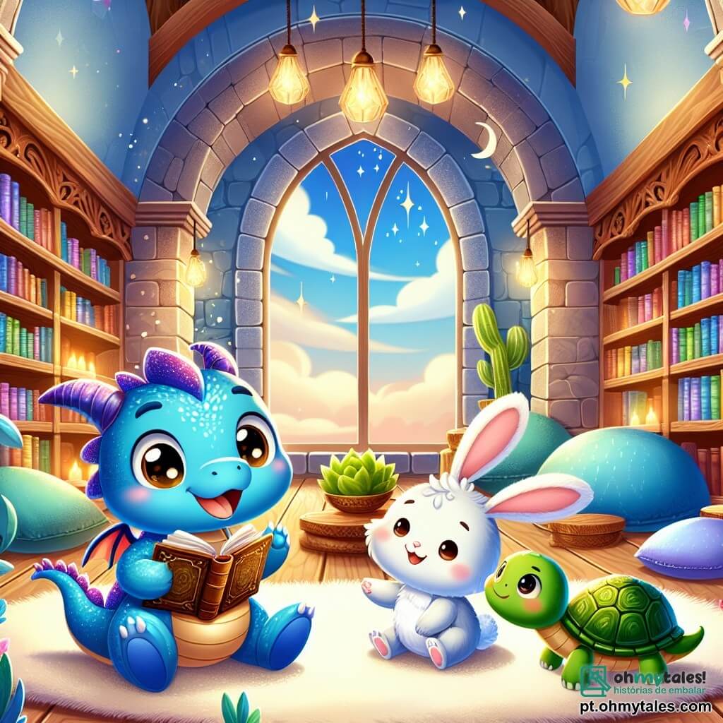 Um pequeno dragão azul, com escamas brilhantes e olhos cintilantes de excitação, segura um velho livro com suas pequenas patas, sorrindo entusiasticamente. Ao seu lado, um coelhinho branco de grandes orelhas e pelagem macia salta de alegria, seus olhos redondos brilhando de curiosidade. Uma tartaruga verde, com uma carapaça brilhante e uma expressão serena, observa atentamente, com os olhos sábios semicerrados, sentada em uma prateleira de madeira. O local é uma biblioteca mágica, cheia de prateleiras de madeira esculpida, livros coloridos e luzes suaves filtrando através de grandes janelas. Tapetes macios e almofadas coloridas estão espalhados pelo chão, criando uma atmosfera acolhedora. A cena principal mostra o dragão azul, o coelhinho e a tartaruga descobrindo um antigo livro, com grandes sorrisos no rosto, prontos para resolver um mistério emocionante juntos.