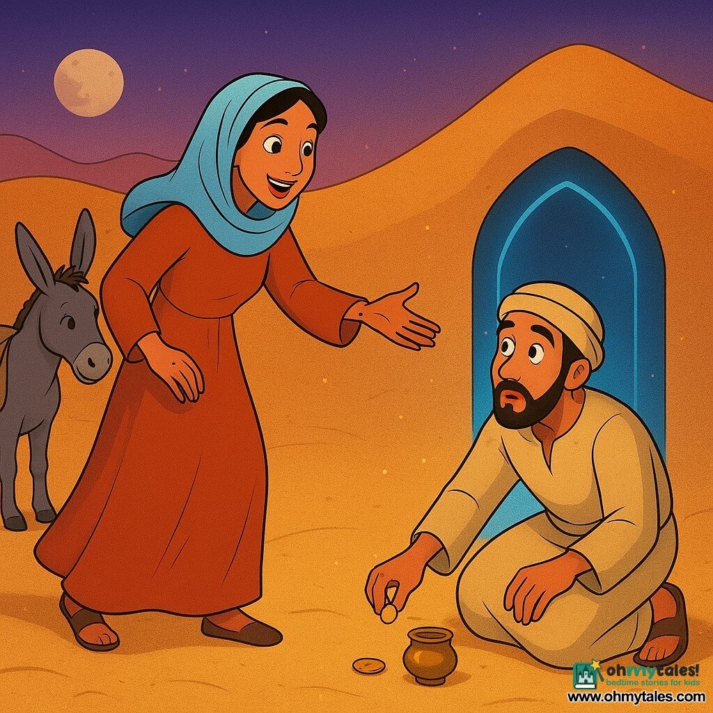 Safiya, a smiling determined woman with ink-stained hands, wears a sienna long dress and sky-blue scarf and reaches toward a door drawn in shadow on the sand; Yusef, about 30, lightly bearded and dusty, kneels to place a small silver coin before the shadow-door beside a small brass pot; a patient grey donkey with a worn pack stands left, shaking its head; the scene is a wave-like high dune of fine golden sand with dune silhouettes under a violet twilight sky and pale moon; the absent door is a dark outline on the sand with a luminous cold-blue interior and a thin polar-glass glow; swirling sand grains and a breeze animate Safiya’s scarf and make the coin glint; warm, magical visuals, saturated colors, clean lines and rounded contours in a 1990s cartoon style.