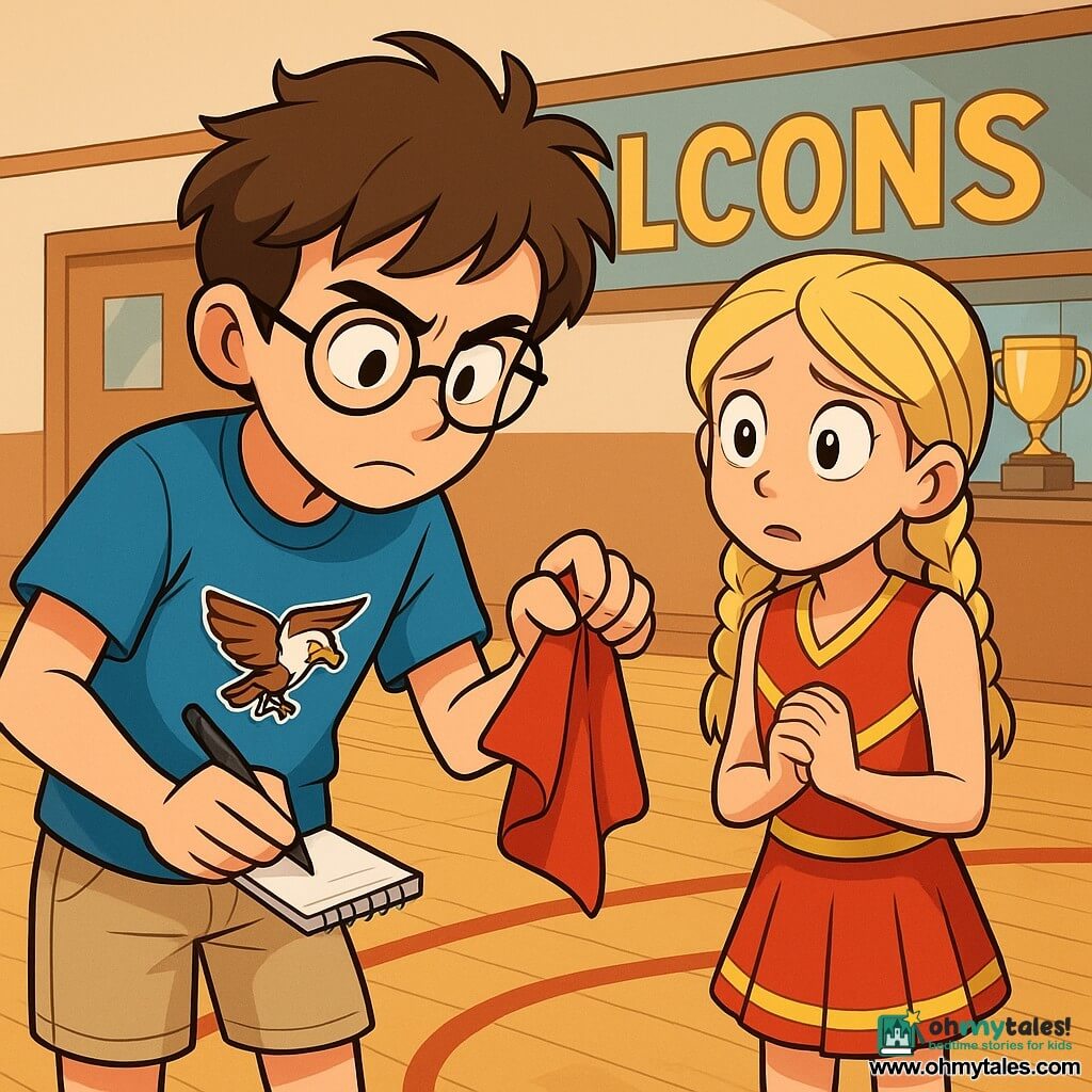 Leo, a 12-year-old boy with messy brown hair and round glasses, leans forward with a focused and determined look. He wears a blue t-shirt with a falcon design and beige shorts, holding a small notebook in one hand and a pen in the other. Next to him, Tessa, an 11-year-old girl with braided blonde hair, is dressed in a red and gold cheerleader uniform, her eyes wide with a nervous expression. She stands slightly back, looking at Leo with palpable concern. The scene takes place in a bright gymnasium with a shiny wooden floor and painted basketball lines. In the background, a large sign reads "FALCONS" in golden letters and a sparkling trophy is displayed in a glass case. Leo, in the middle of an investigation, examines a piece of red fabric he holds in his hand, while Tessa appears hesitant, ready to reveal a secret.