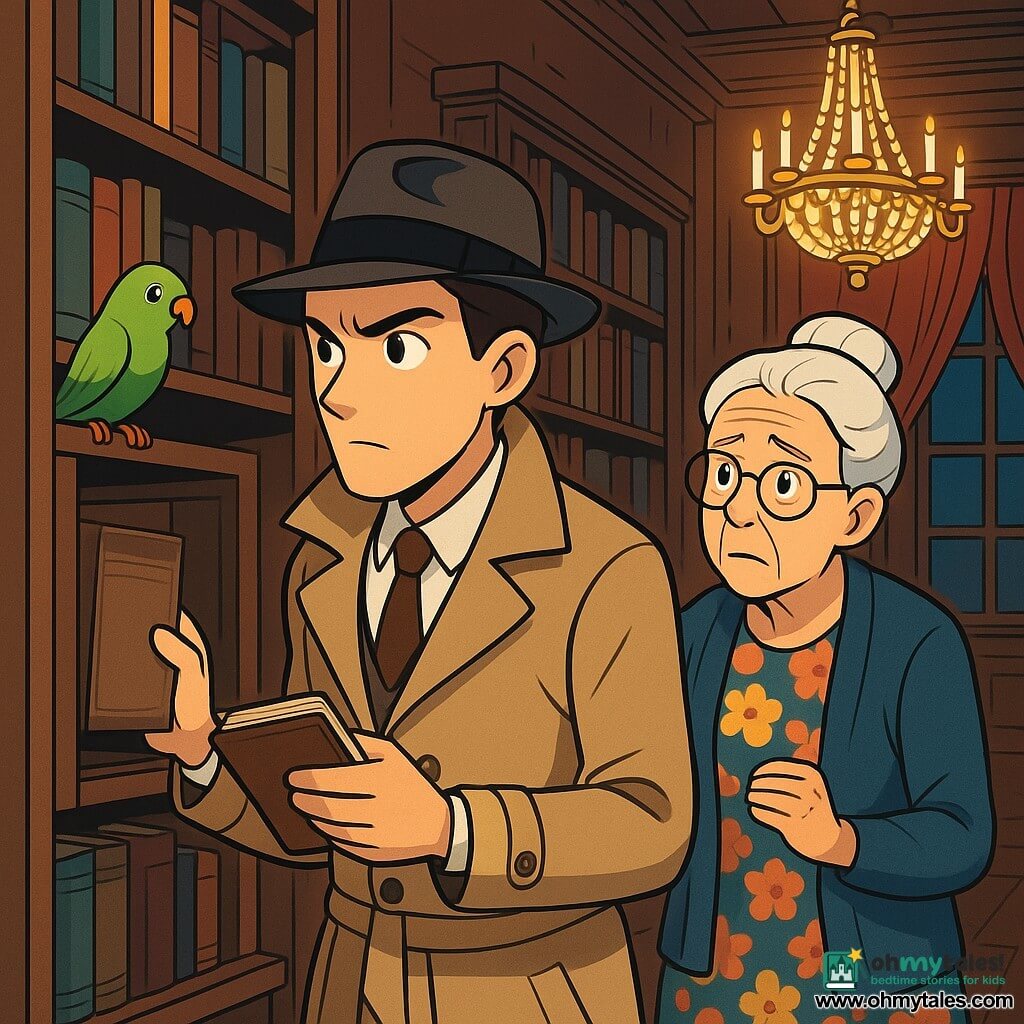 A detective man, Eliot Morrow, stands in an old library, his keen and curious gaze scanning the shelves filled with books. He wears a beige trench coat, a black felt hat, and holds a notebook in one hand, his expression focused and determined. Next to him, an elderly woman, Mrs. Penelope Finch, the librarian, is dressed in a floral dress and a blue cardigan. She looks at Eliot with a worried expression, her glasses sliding down the tip of her nose. 

The setting is an ancient library, with dark wooden walls, shelves packed with dusty books, and windows adorned with red velvet curtains. A large crystal chandelier hangs from the ceiling, casting a soft and warm light in the room. 

The main scene shows Eliot discovering a valuable book hidden behind a secret panel in the display case, while a small green parrot perched on a shelf observes the scene with curiosity, adding a splash of bright color to the illustration.