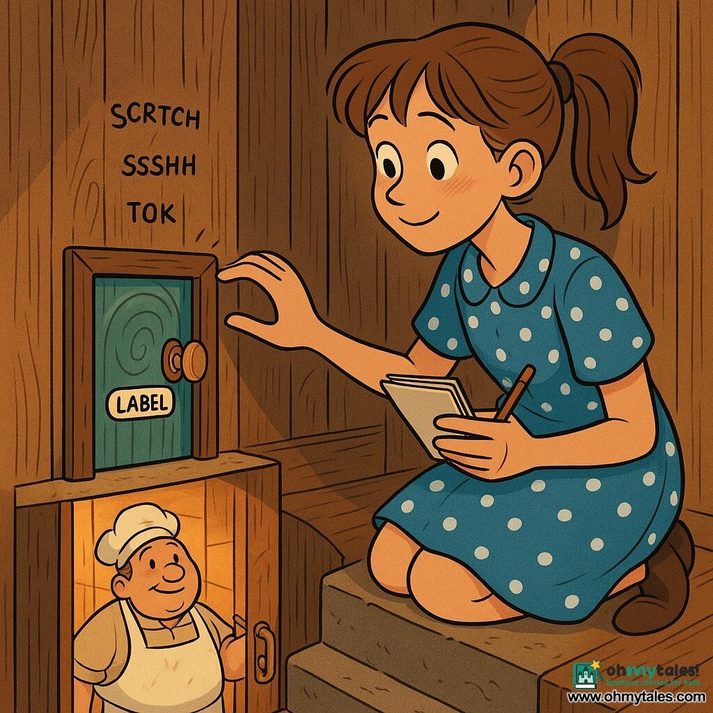 A young woman kneels in a narrow hallway with a soft, curious face, bright eyes and a shy smile, light brown ponytail, wearing a blue polka-dot dress and holding a small sketchbook and pencil in her left hand; a round, flour-dusted 55-year-old baker stands at the bottom of the stairs closing the bakery’s glass door and looking kindly toward the landing; warm amber light from the bakery illuminates aged wooden walls, stone steps, and a knee-high wooden door painted with a blue-green swirl and a tag on the knob; the woman touches the knob, leaning forward in quiet wonder, with small sound lines indicating three noises (scrape, wet rub, knock); clean graphic style, warm contrasting colors, visible wood and flour textures, composition centered on the door and the woman’s face.