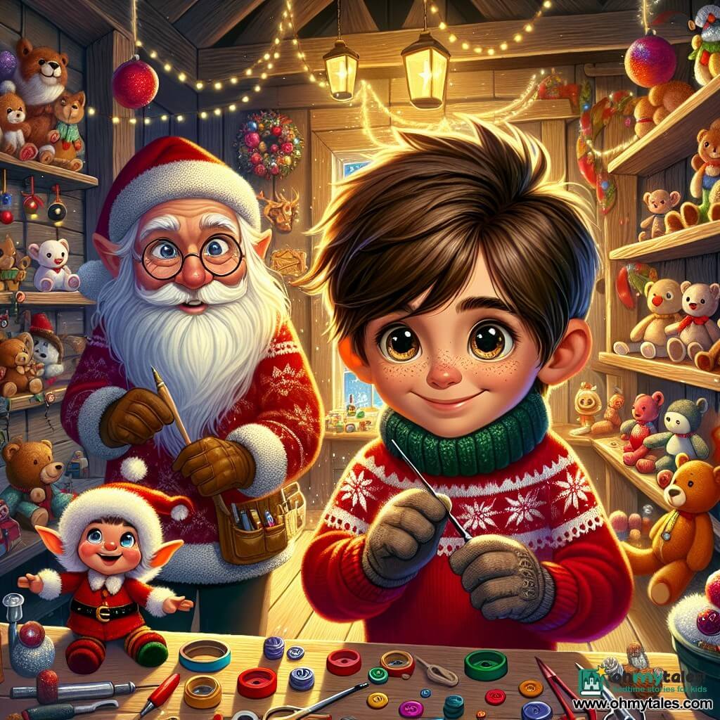 A 12-year-old boy with chestnut hair and curious sparkling eyes stands in a warm toy workshop, his face lit up by a delighted smile. He wears a red sweater with snowflake patterns and wool gloves. Beside him, an elderly man, Mr. Baird, with a long white beard and round glasses, observes kindly, holding a tool in one hand. In a corner, a small elf named Pip, with pointed ears and a red hat, busily assembles colorful buttons, adding a touch of magic to the scene. The workshop is filled with sparkling toys, polished wood, and string lights, with shelves overflowing with stuffed animals and games. The golden light from lanterns illuminates the wooden walls, creating a festive and welcoming atmosphere. The boy, focused and joyful, enthusiastically works to create a sparkling Christmas star, surrounded by the bustling energy of the workshop where the magic of Christmas comes to life.