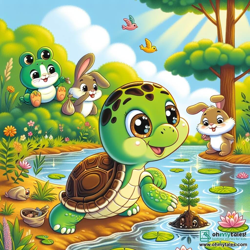 An illustration depicts a small turtle with a shiny green shell and sparkling eyes, enthusiastically planting a young tree by a pond. Next to her, a little green frog with yellow spots joyfully jumps on a lily pad, admiring the turtle. A brown rabbit with large ears stands slightly back, eyes shining with excitement, holding a small bag of litter he just picked up. The main setting is a sunny pond surrounded by lush greenery, with floating lily pads and sunlight dancing on the water, creating a joyful atmosphere. The scene shows the turtle and her friends working together to care for their environment by planting trees and cleaning up around the pond, symbolizing their commitment to protecting nature. Other graphic elements include colorful birds flying in the sky, vibrant flowers growing along the pond's edges, and a wooden sign reading "Tilly's Team" to illustrate their teamwork and mission.