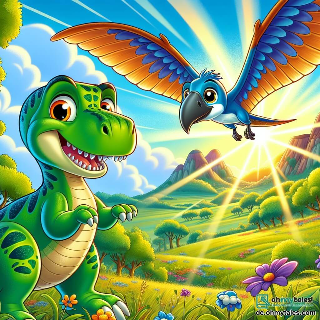 Ein junger Tyrannosaurus Rex namens Timo, mit leuchtend grüner Haut und neugierigen, funkelnden Augen, steht im Mittelpunkt des Bildes und lächelt begeistert, während er zum Himmel schaut. Seine kleinen Arme sind erhoben, als wäre er bereit, in ein Abenteuer zu fliegen. Neben ihm schwebt der majestätische Flugsaurier Aero, mit glänzenden blauen Schuppen und ausgebreiteten großen Flügeln, freundlich lächelnd über Timo. Im Hintergrund erstreckt sich eine lebendige Landschaft mit grünen Wiesen bis zum Horizont, gespickt mit großen Bäumen mit üppigem Laub und bunten Blumen, die im Wind tanzen. Die Szene spielt an einem wunderschönen, sonnigen Morgen, wo die goldenen Strahlen den blauen Himmel erhellen und eine fröhliche, hoffnungsvolle Atmosphäre schaffen. Timo und Aero bereiten sich darauf vor, gemeinsam ins Abenteuer zu starten und die wunderbare Welt um sie herum zu erkunden.