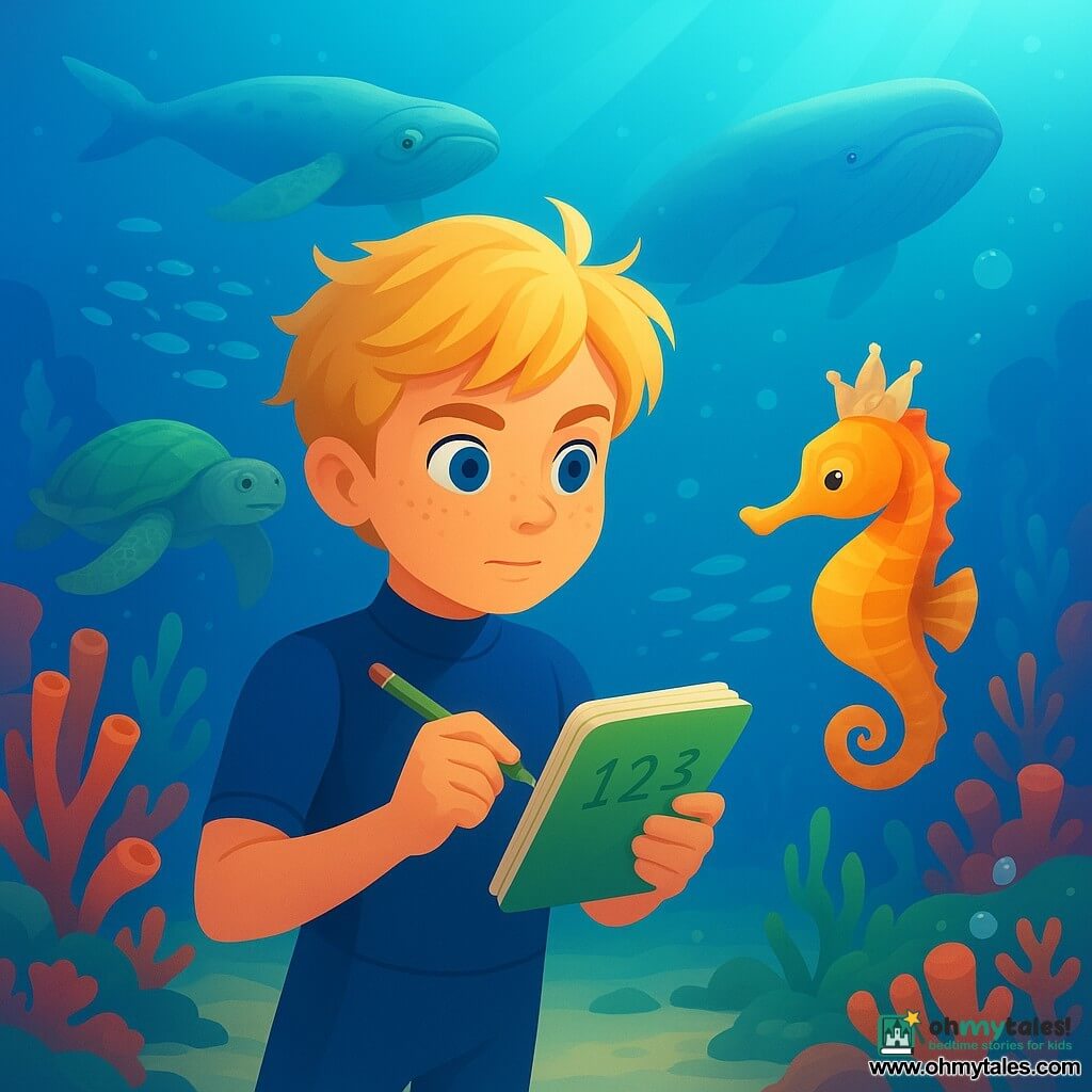 A 10-year-old boy with freckled face and tangled blond hair, eyes determined and amazed, wearing a navy wetsuit and clutching a notebook to his chest, floats gently underwater as he counts and writes numbers on a kelp sheet attached to the notebook; to his right a seahorse wearing a small shell crown points toward a glowing coral path, a massive sea turtle with weathered skin and gentle eyes glides above a school of silvery fish, and an old barnacled sperm whale rests farther off, releasing glowing bubbles and watching kindly; the scene is a colorful coral garden of red and pink coral, emerald seagrass, pale sand, silver bubble columns and blue rays of light from the surface, with a wondrous, calm, softly luminous atmosphere as his marine friends help him find the moon-counting stones.