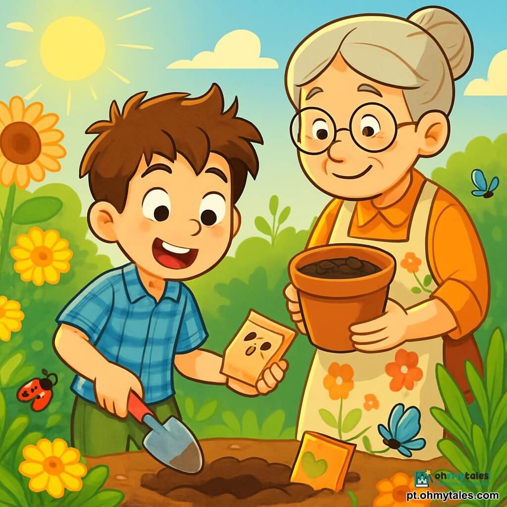 Um menino de 10 anos, Tomás, com cabelos castanhos bagunçados e olhos brilhantes de curiosidade, está no meio de um jardim vibrante de cores. Ele usa uma camisa xadrez azul e um short verde, e seu rosto expressa uma alegria radiante enquanto segura uma pequena pá de plástico, pronto para plantar sementes. Ao lado dele, sua avó, uma mulher de cerca de 70 anos, com cabelos prateados presos em um coque e óculos redondos, sorri calorosamente. Ela usa um avental florido e segura um vaso de terra, pronta para ajudar Tomás em sua tarefa. O jardim é encantador, cheio de flores vibrantes: malmequeres amarelos, girassóis dourados e ervas verdes luxuriantes. A cena principal mostra Tomás e sua avó plantando sementes, cercados pela beleza da natureza na primavera, enquanto o sol brilha suavemente, iluminando o jardim com uma luz dourada e acolhedora.