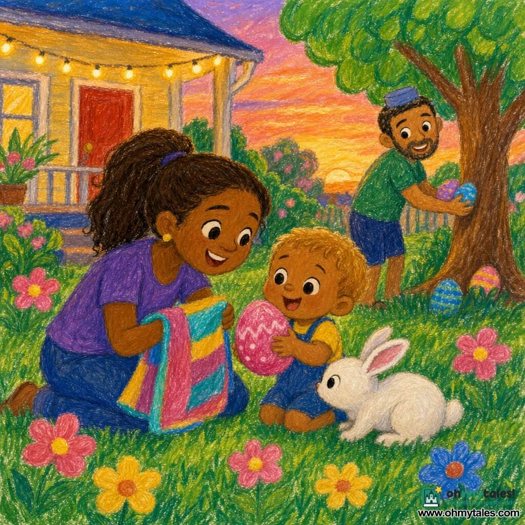 A joyful two-year-old blond boy with wide eyes and a big smile holds a large pink Easter egg while his smiling mother (about 28) kneels beside him offering a colorful towel; his father (around 30), lightly bearded and wearing a small hat, stands by a tree hiding more eggs; a curious white rabbit sniffs the egg. The green garden has textured pencil-style grass, simple pink, yellow and blue flowers, a large round-leaved tree and a small house with a red door in the background; dusk casts warm orange-pink light and a string of porch lights twinkles. Main scene: a cheerful egg hunt—bright colors, childlike pencil strokes, soft secure atmosphere.